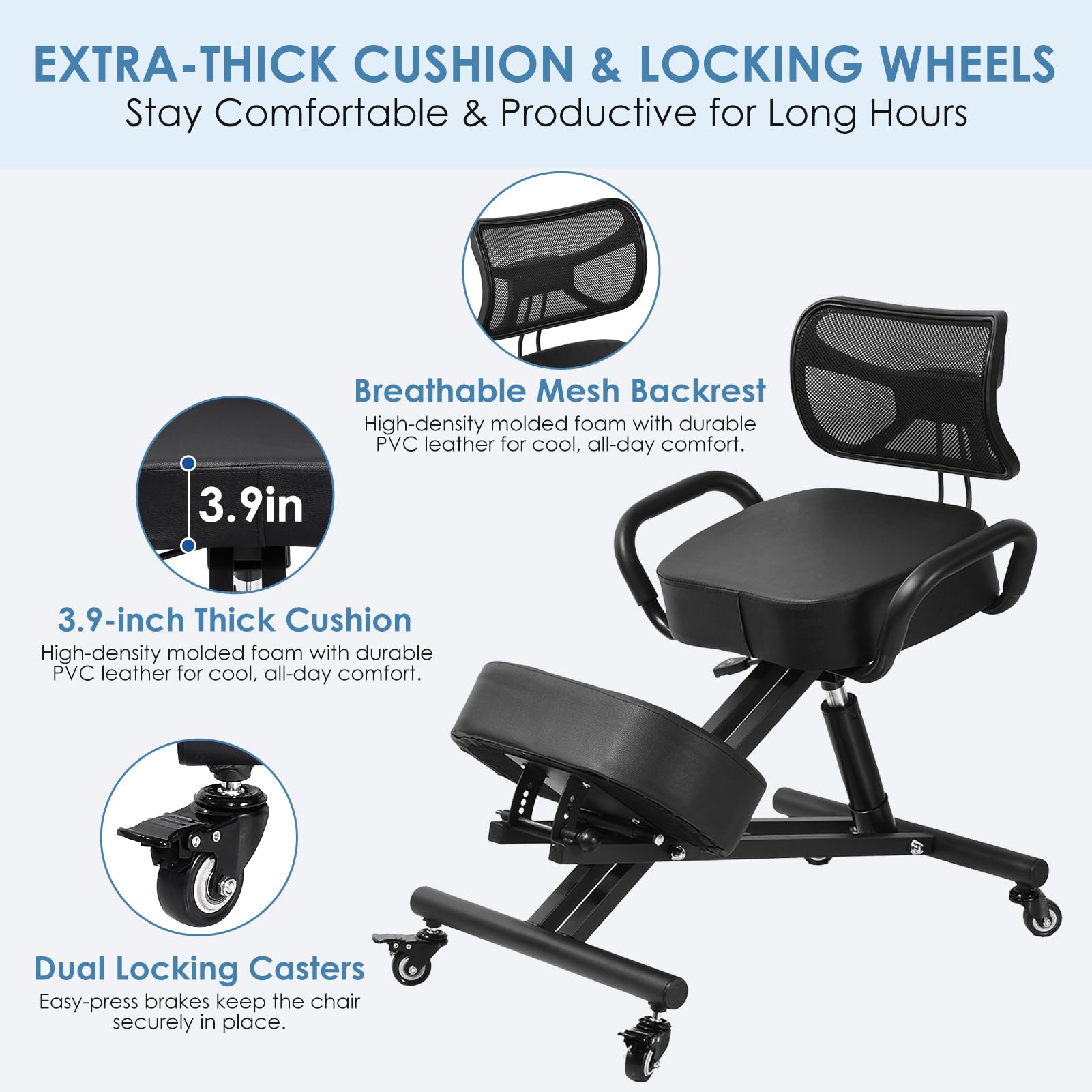 Silla ergonómica con Respaldo | Altura Regulable 57 – 67 cm & Acolchado de Malla Transpirable | 4 Patas y Asiento Estable 100 kg Taburete para Oficina, Dibujo y cosméticos