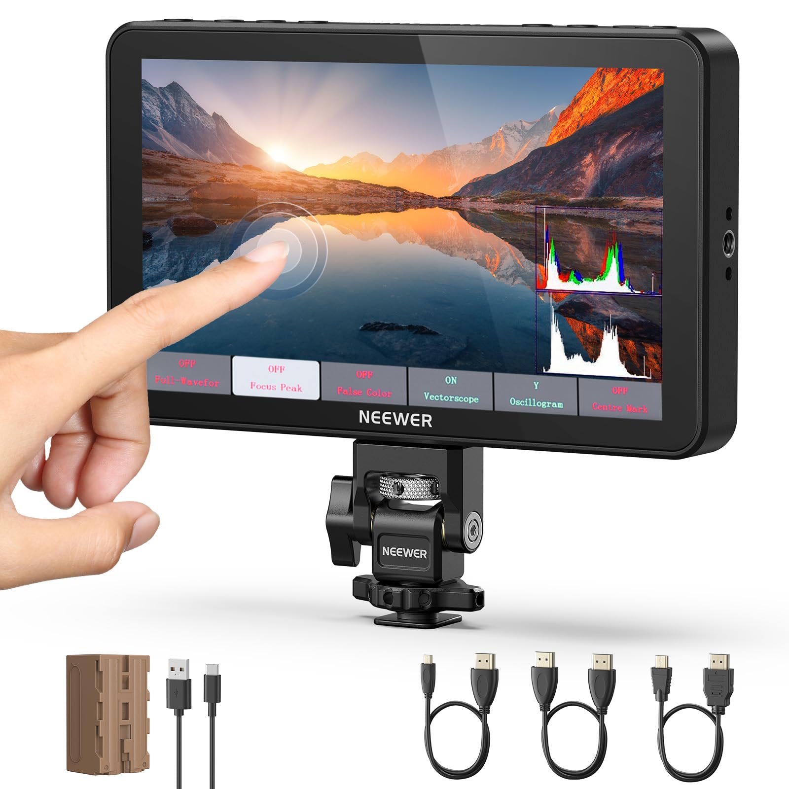 NEEWER F700 7" Monitor Campo Cámara, 2000nit HD 1920x1080 IPS Pantalla Táctil con 3D LUT, 4K HDMI Loop in/out con Peak Focus Asistencia Video DSLR Onda HDR,Montaje Zapata Fría,5200mAh Batería y Cable