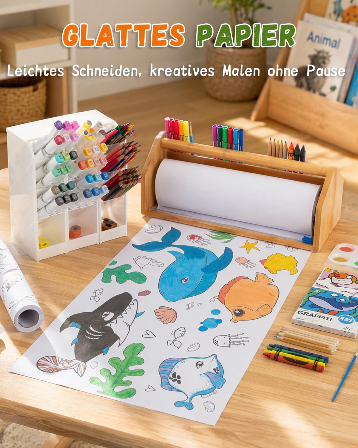 Kinder Staffelei mit Papierrolle – 36-teiliges Malset, Hölzerne Staffelei mit rutschfester Malunterlage, inklusive Malpapier, Pinsel & Farben, geeignet für Kinder ab 3 Jahren