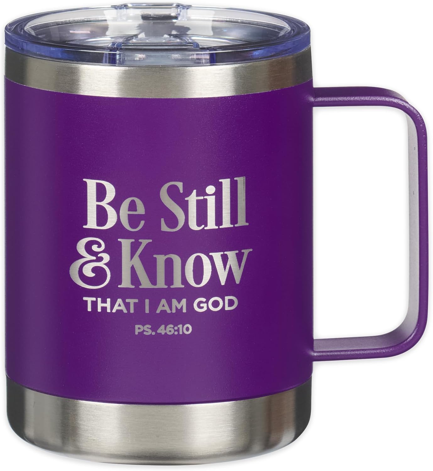 Christian Art Gifts Reusable Stainless Steel Double Wall Vacuum Insulated Camp Style Travel Mug w/Handle for Women: Be Still & Know Inspirational Bible Verse, BPA-free Retractable Lid, Purple, 11 oz.