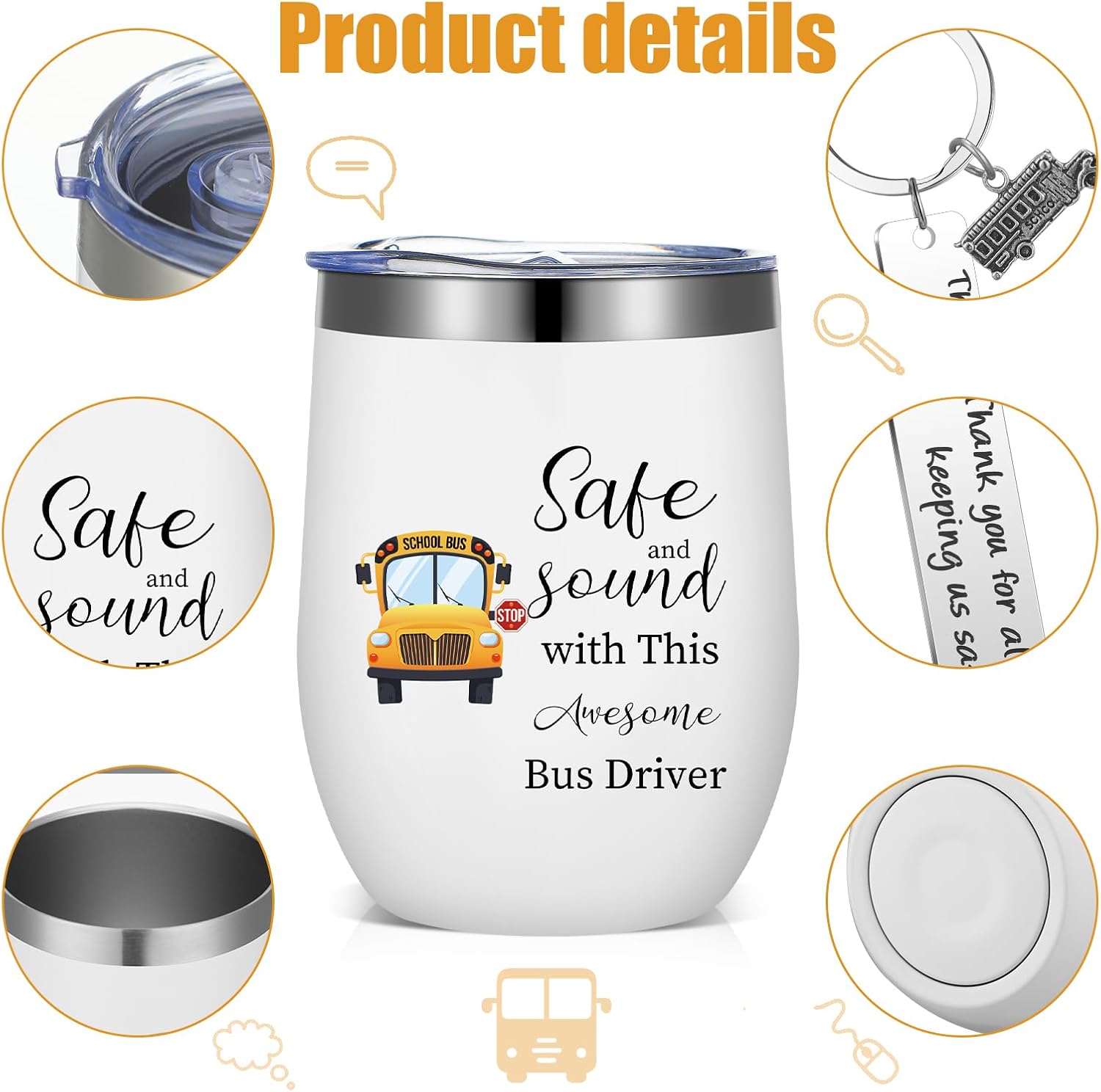Rtteri 6 Pcs Bus Driver Appreciation Gifts for Men Women School Bus Driver Gifts 3 Stainless Steel Thank You Keychains and 3 Tumbler Cups 12 oz with Lid & Straw