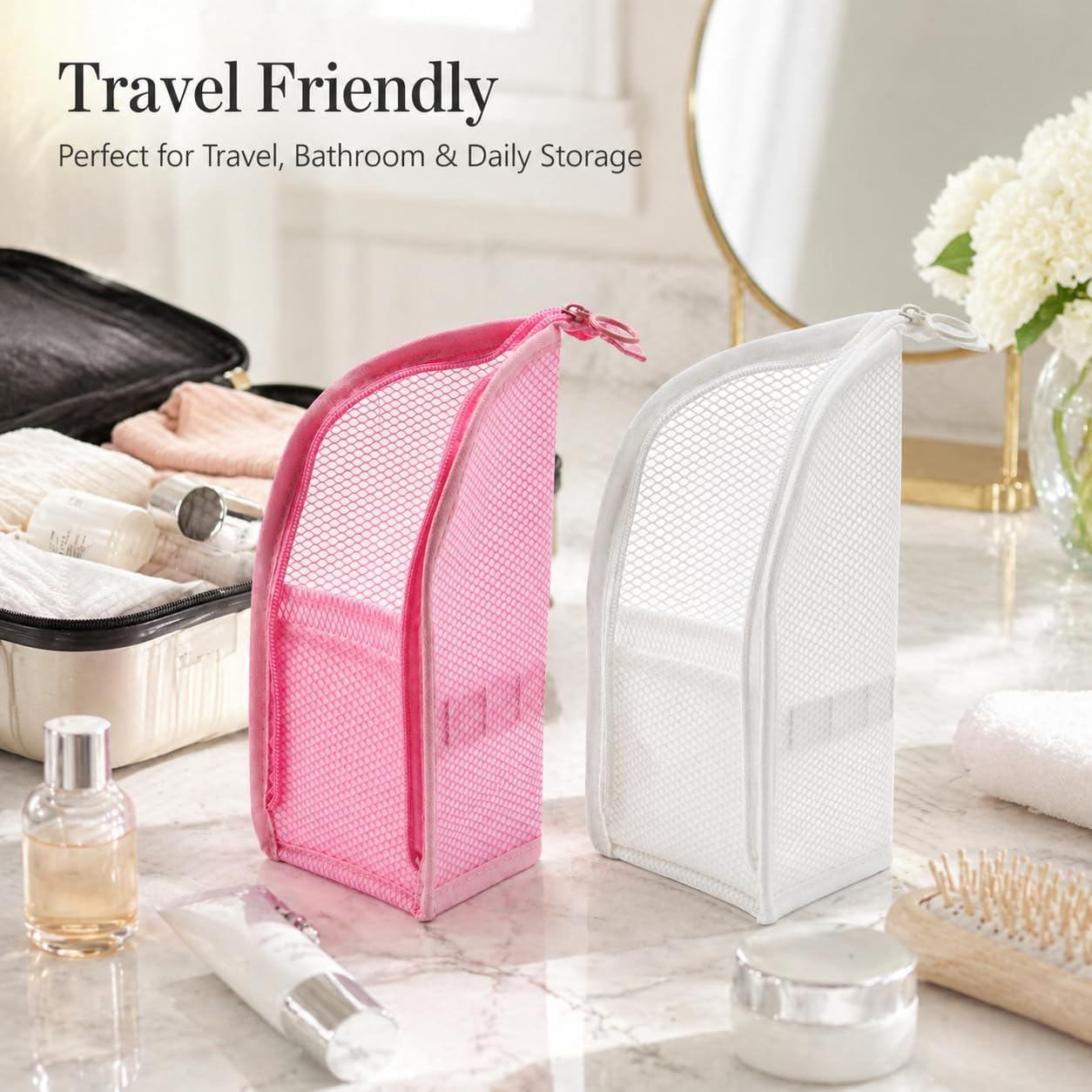 2 Pcs Standing Toiletry Bag, Portable Lightweight Travel Toiletry Bag, Upright Mesh Organizer Bag Cosmetic Zipper Pouch for Travel, Waterproof Stand Up Toiletry Storage Bag