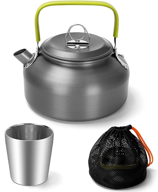 Odoland Camping Kettle Set with Cup, Lightweight Aluminum Camp Tea Coffee Pot with Stainless Steel Cup for Hiking, Backpacking, Camping and Outdoor Picnic, Include Carrying Bag