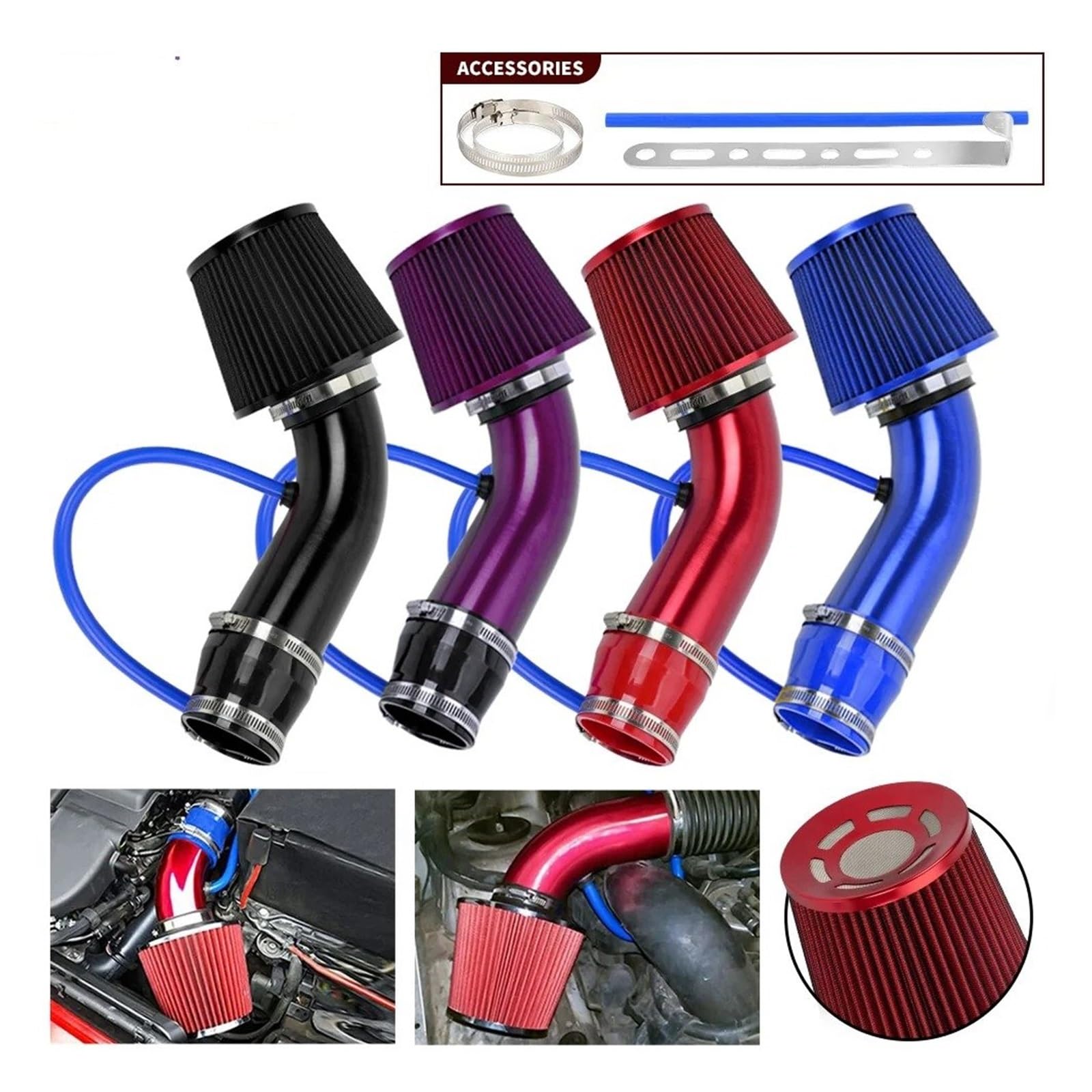 Entrada Aire Kit De Tubo Inducción Turbo Con Admisión En Frío, Filtro Aire 76mm Y 3 Pulgadas Cono Alto Flujo OFI095 Manguera Admisión(Rojo)