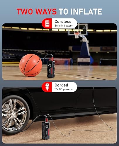 Miniatura 5 de Inflador de neumáticos, compresor de aire portátil, bomba de aire inalámbrica para neumáticos de automóvil de 150 PSI, batería y 12 V CC, bomba