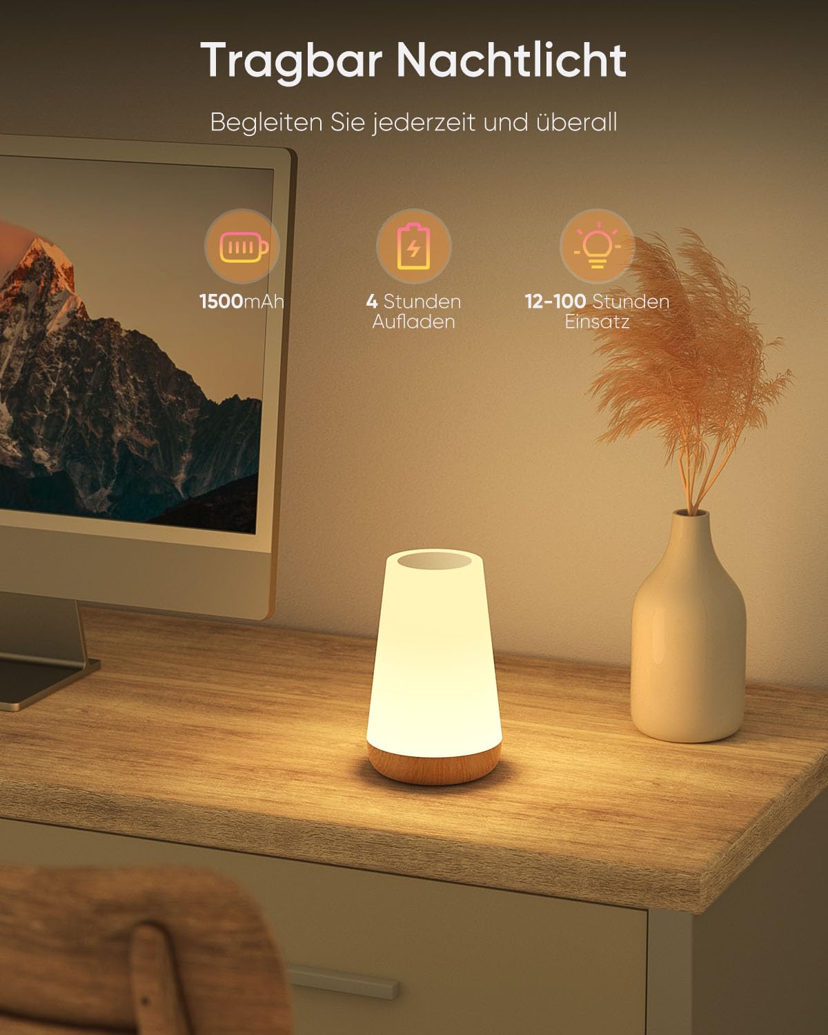 Bonsery Nachttischlampe 2er Set, Led Nachttischlampe Touch Dimmbar USB Aufladbar mit Fernbedienung, Nachtlicht Kinder mit 13 Farben 3 Modi, Tischlampe Kabellos mit Timer für Schlafzimmer Wohnzimmer