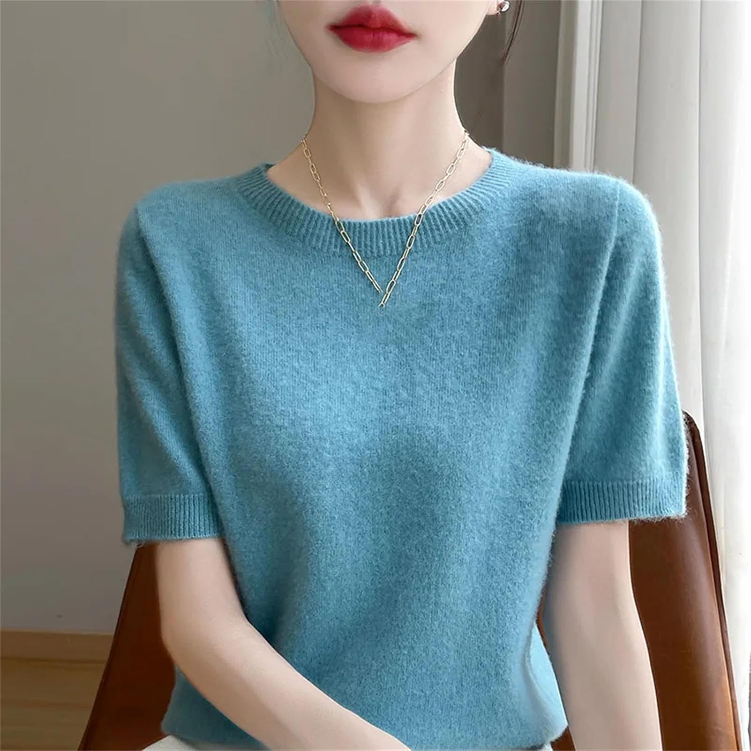 Women Cashmere Short Sleeve Sweater O-Neck Pullover Winter Cashmere Short Sleeve Shirt - Image 3