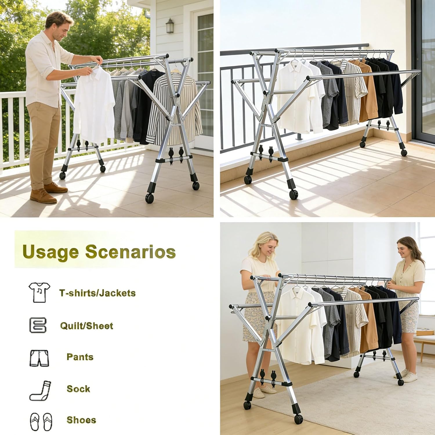 HUHJYUGE Clothes Drying Rack Foldable with Wheels, Stainless Steel Retractable Garment Rack, Portable Laundry Drying Rack, Free Standing Laundry Stand for Indoor Outdoor Balcony (240cm/94.5inch)