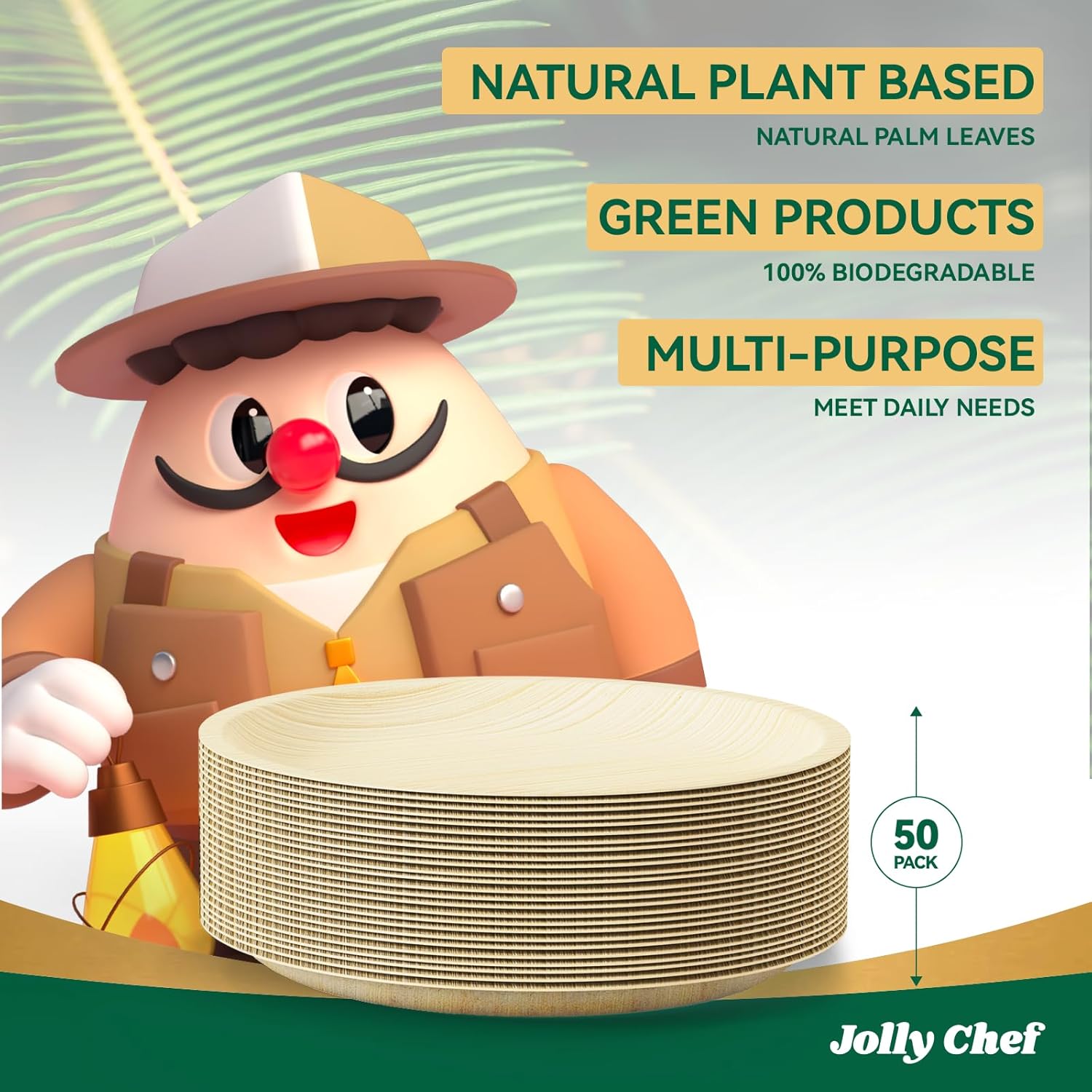 JOLLY CHEF Palm Leaf Plates, 50 Pack 10 Inch Bulk Disposable Like Bamboo Round Plates, Party Compostable Ideal for Dinner, Wedding, Party
