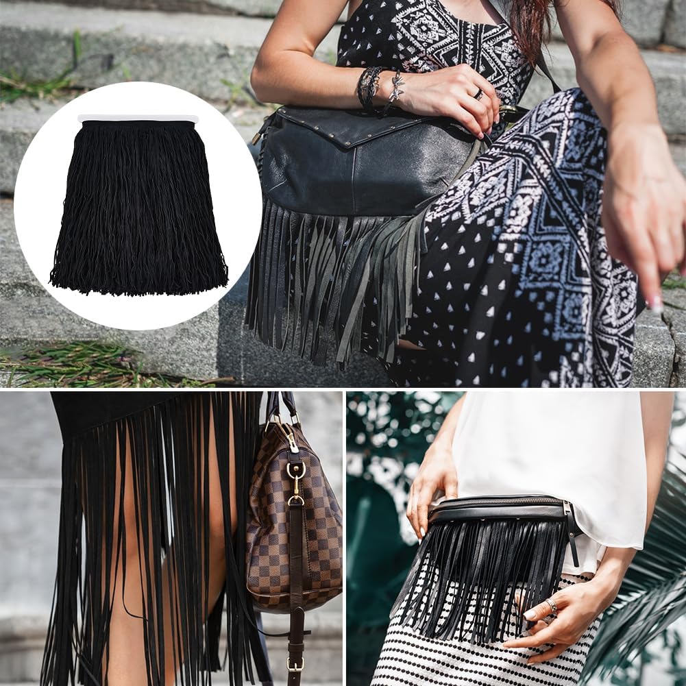 SUPERFINDINGS 2M PU Leather Suede Fringe Trim Black Tassel Trim Double Side Leather Sewing Tassel Fringe for DIY Craft Skirt Dress Curtain Clothing Handbag Sewing