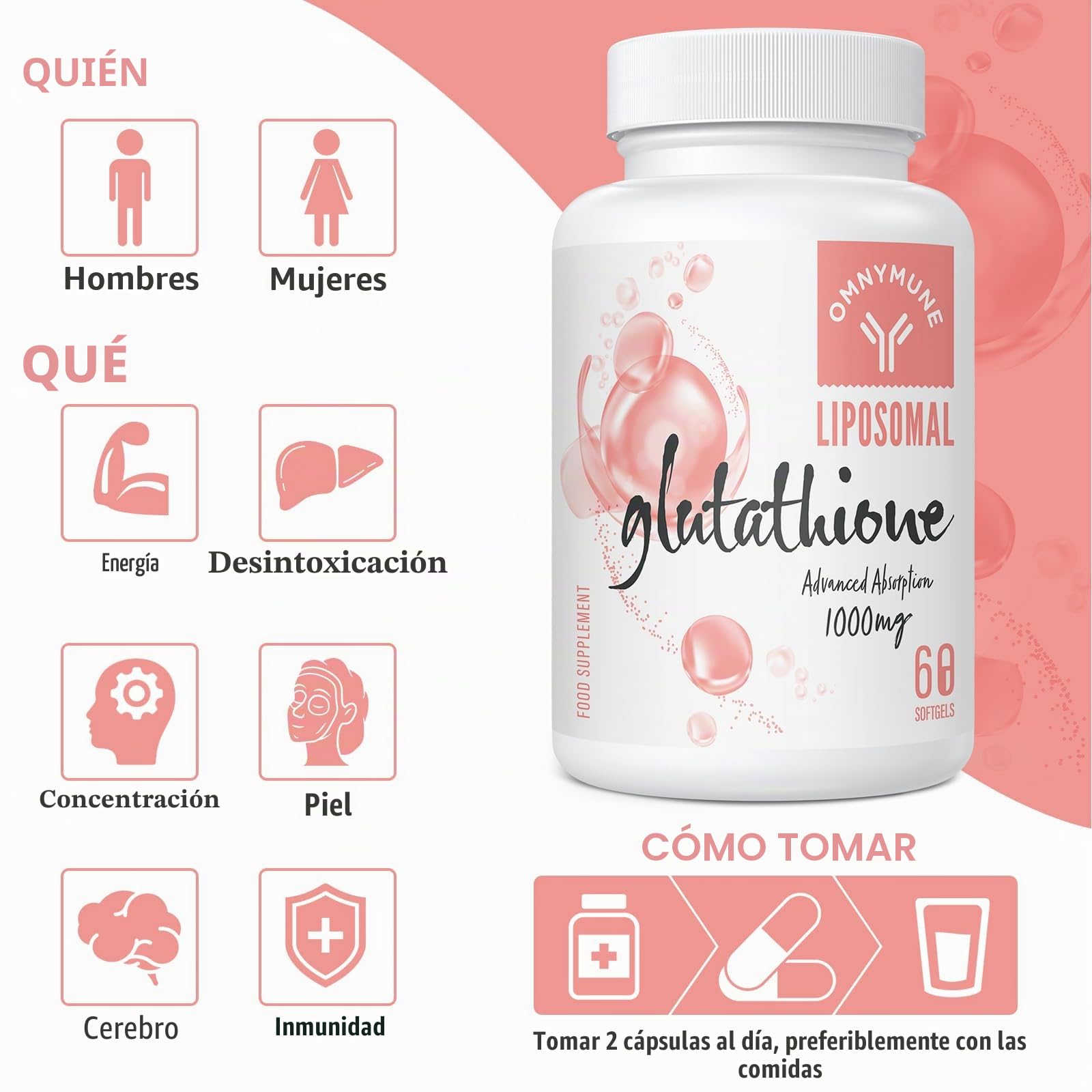 Glutatión Liposomal 1000 mg, Cápsulas Blandas De L-Glutatión Reducido Con Vitamina C Y Ácido Hialurónico, Sin Gluten, No Ogm, 60 Cápsulas 