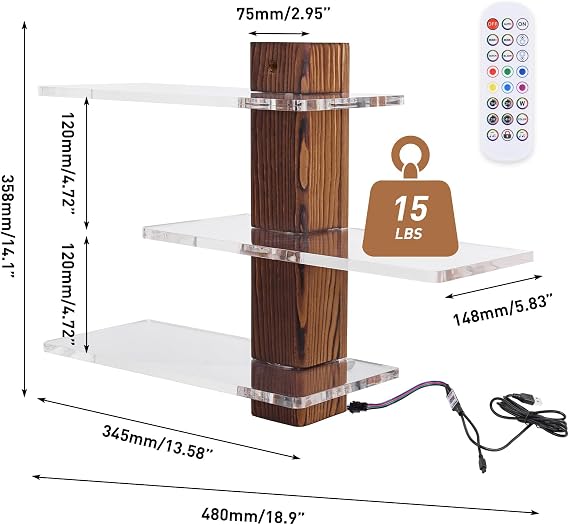 3 Tier Acrylic Wall Mounted Display Shelf with Lighting Display Case Shadow Box with RGB Lights LED Display Cabinet for Collectibles,Dolls,Perfumes,Small Plants,Blocks,Toys