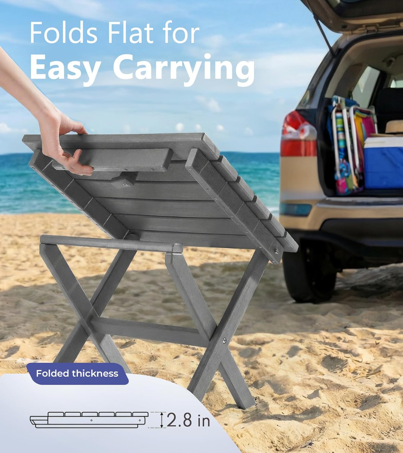 PASAMIC Folding Outdoor Side Table, Small Outdoor Table, Portable, No Assembly, Weather-Resistant HDPE End Table for Camping, RV, Poolside, Garden (Gray)