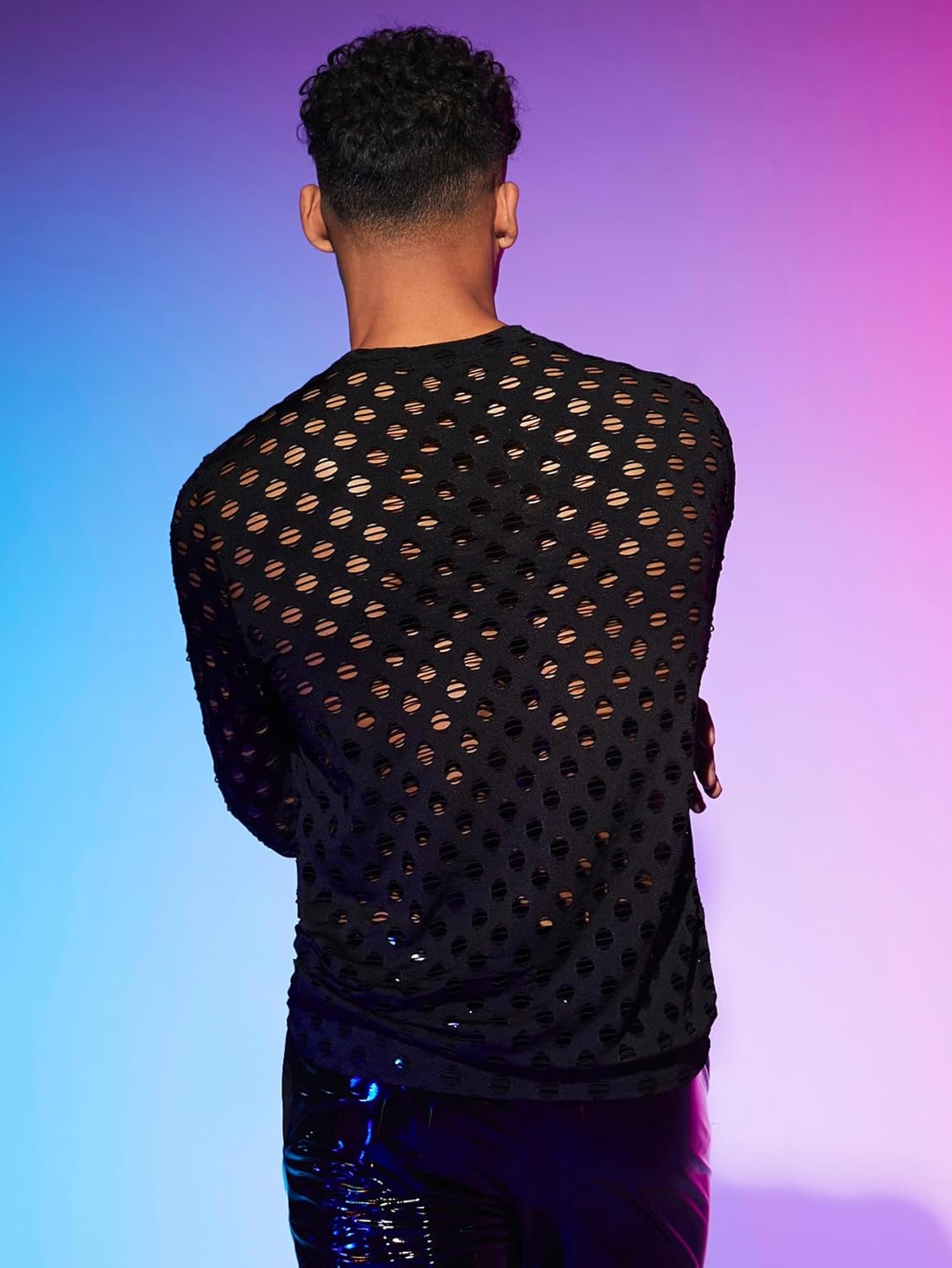 WDIRARA Men's Fishnet Knit Pullover Top Hollow Out Round Neck Long Sleeve Concert Tops - Image 2