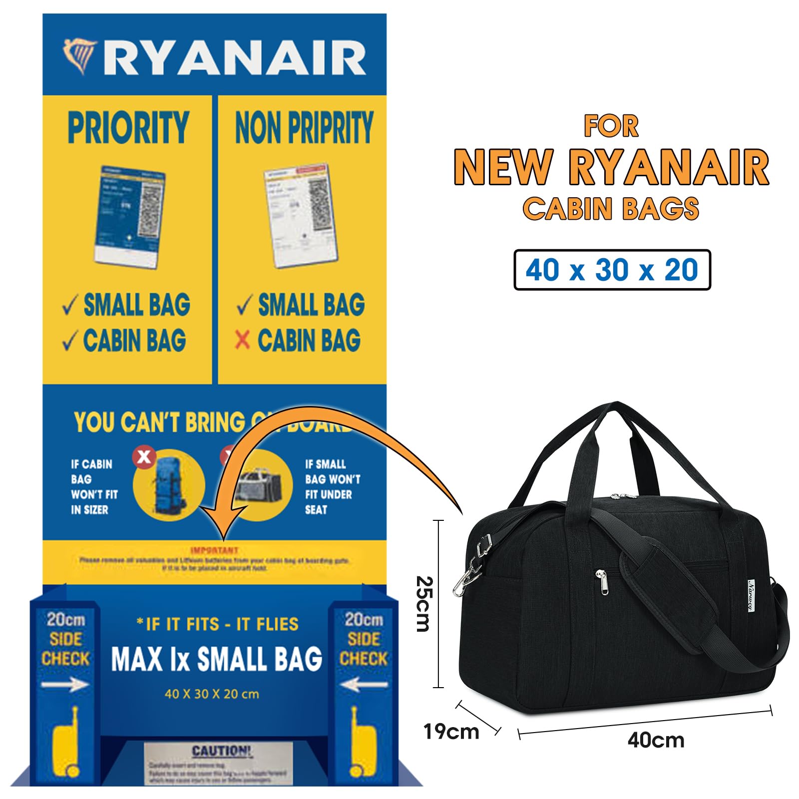 Narwey Ryanair Handgepäck 40x30x20, Klein Sporttasche Faltbare Reisetasche Handgepäck Tasche Flugzeug für Damen, Travel Bag Weekender Herren 20L (Schwarz) - Image 3