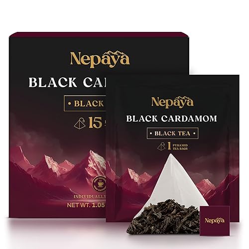 Nepaya Bolsas de té negro de cardamomo negro, bolsas de té piramidales envueltas individualmente, 15 unidades, té de hoja entera del Himalaya con