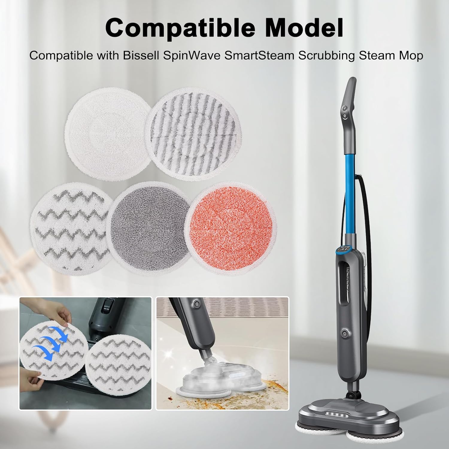 3897A Steam Mop Pads for Bissell SpinWave SmartSteam Scrubbing Steam Mop - Replacement Rotating Mop Head Fit 3897A 3712 3712W, Model No 1641112 (4+2+2+2+2