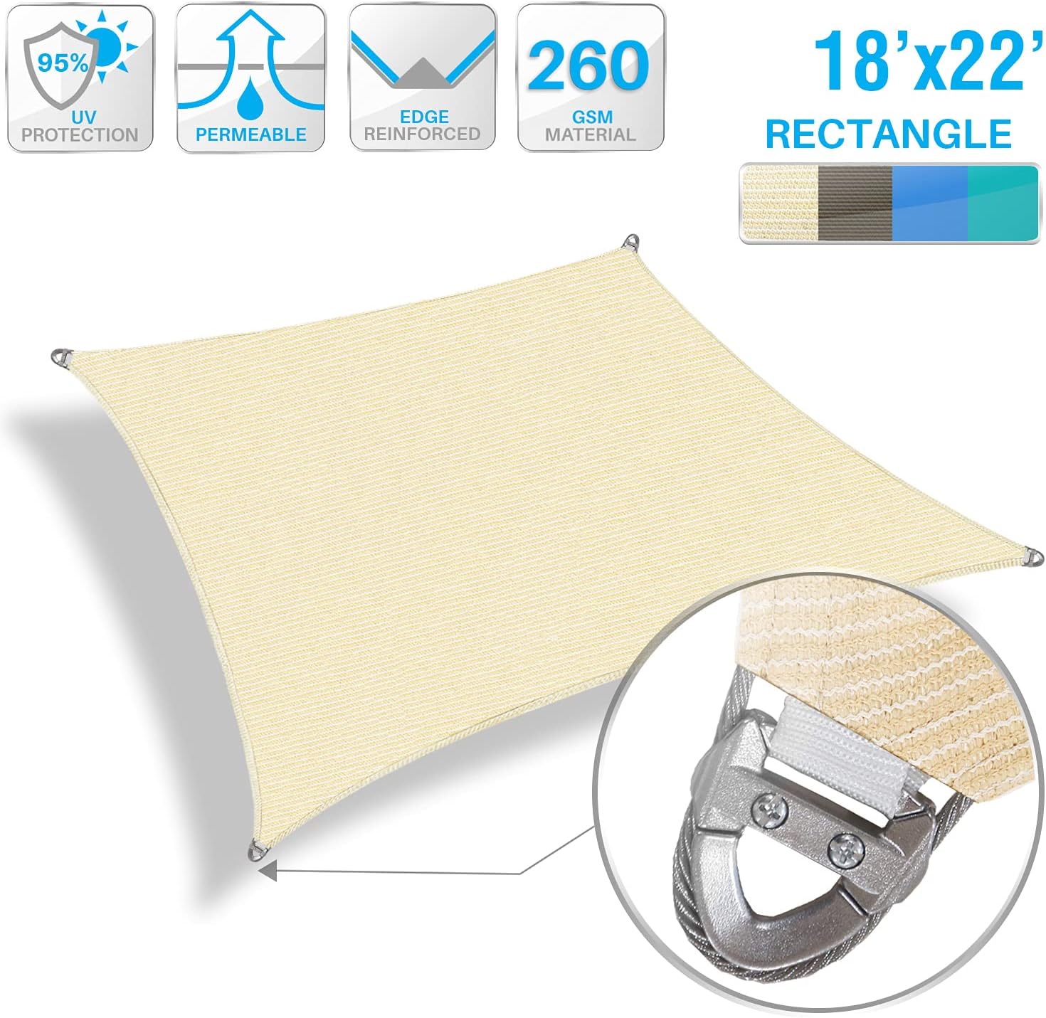 Patio Paradise 18' x 22' Shade Sail Rectangle Sun Canopy with Super A-Ring, UV Block Shade Fabric Heavy Duty Customized Patio Cover for Deck Backyard Outdoor, Commercial Grade, Beige