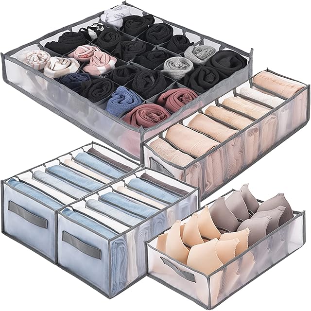 ChezMax Foldable Clothes Organizer Box, Mesh Closet Underwear Storage Bins, Grey Washable Folded Wardrobe Drawer Dividers Set, 6/7/24 Compartment/Grids for Clothing Socks Jeans Pants Ties Scarves Bras