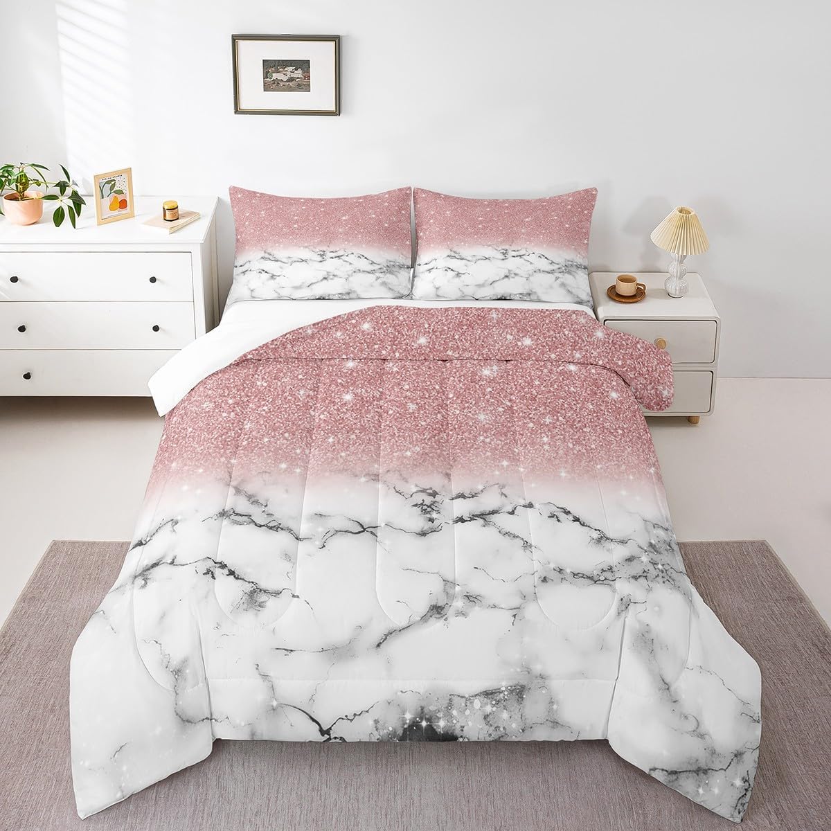 Feelyou Girls Marble Comforter Full Size Gradient Glitter Kids Down Comforter Set for Boys Girls Women Girly Pink Grey White Marble Ombre Bedding Set Modern Marble Aesthetic Quilt Decor Boys