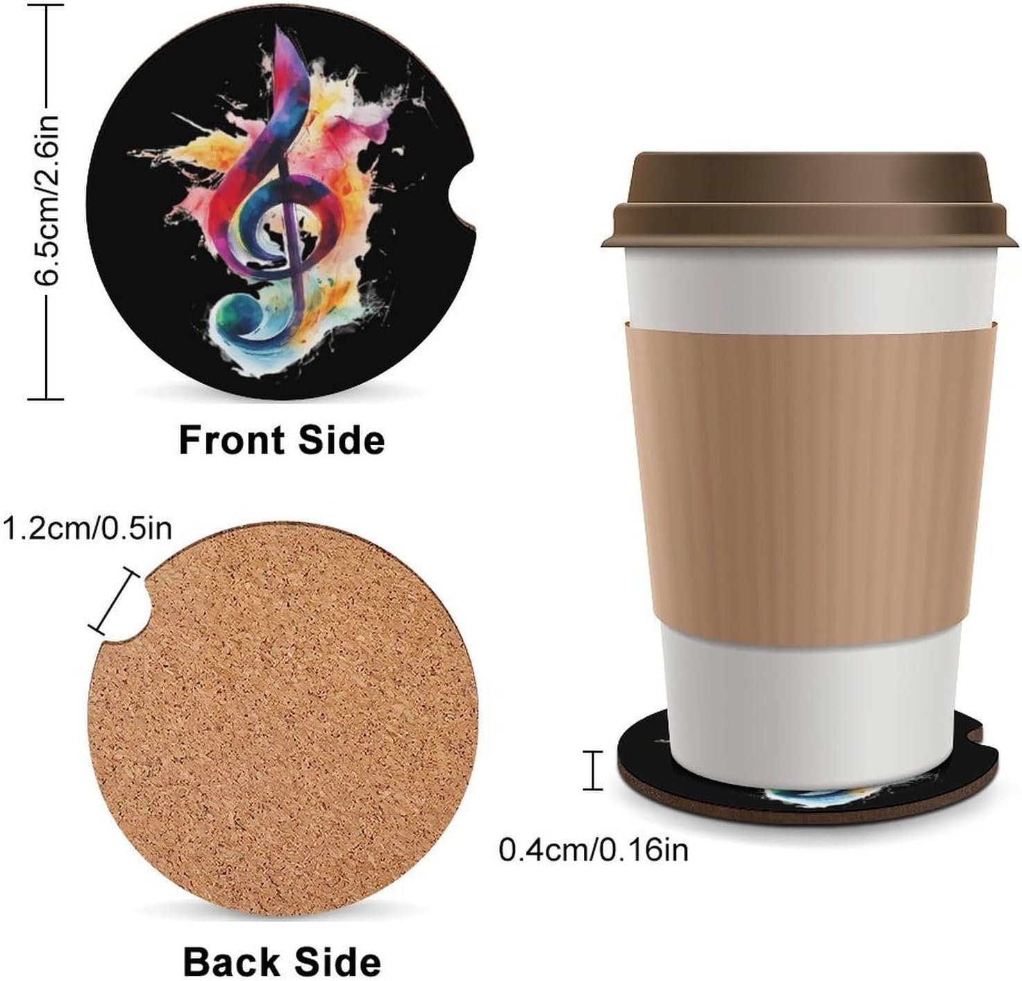 Colorful Music Note Cute Car Coasters 2.56 Inch Absorbent Cup Holder for Drinks Auto Interior Accessories