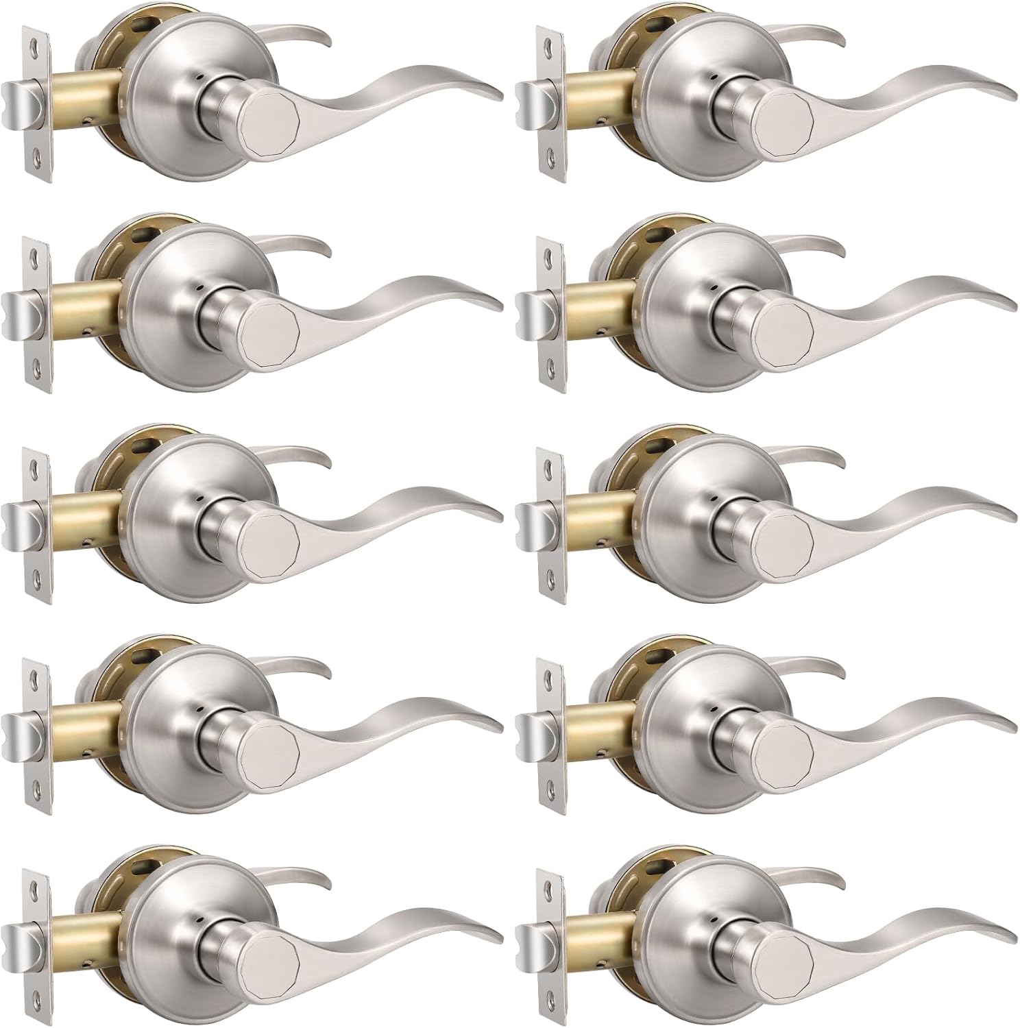 Knobonly 10 Pack Satin Nickel Pasage Door Levers Interior Door Handles for Hallyway andCloset Door Knobs Keyless Nickel Door Handles with Lock, Zinc Alloy Reversible for Right/Left