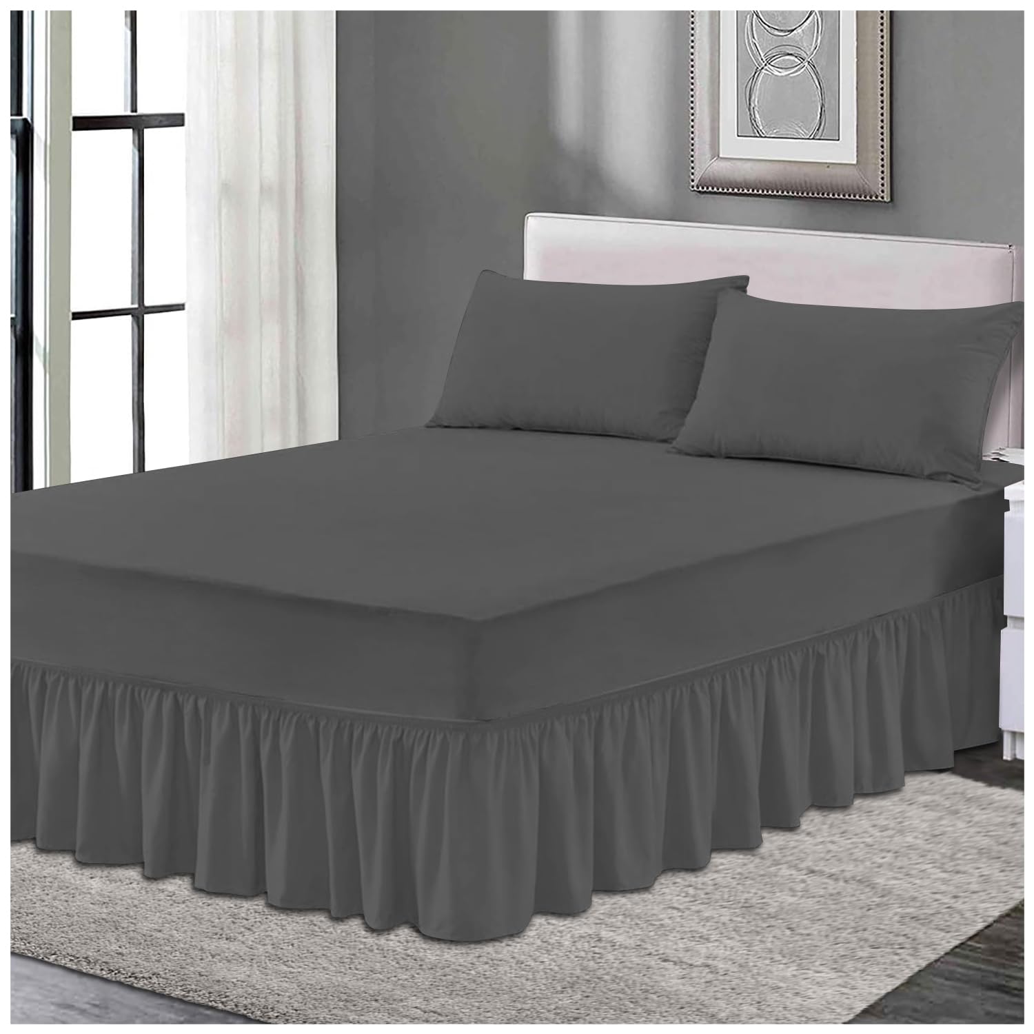 Gc Gaveno Cavailia Charcoal Plain Elastic Bed Valance Sheet, Ruffles Bed Skirt Sheets, Ultra Soft Bedskirts Valance Bedsheets,