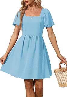 Women Puff Sleeve Square Neck Tie in Back Dresses with Zipper
