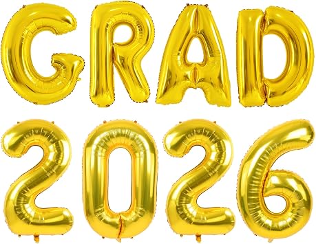 40 Inch Gold 2026 Graduation Balloons Decorations | Large Foil Mylar GRAD Letters & 2026 Big Number Balloons Set for High School College University Prom Decor