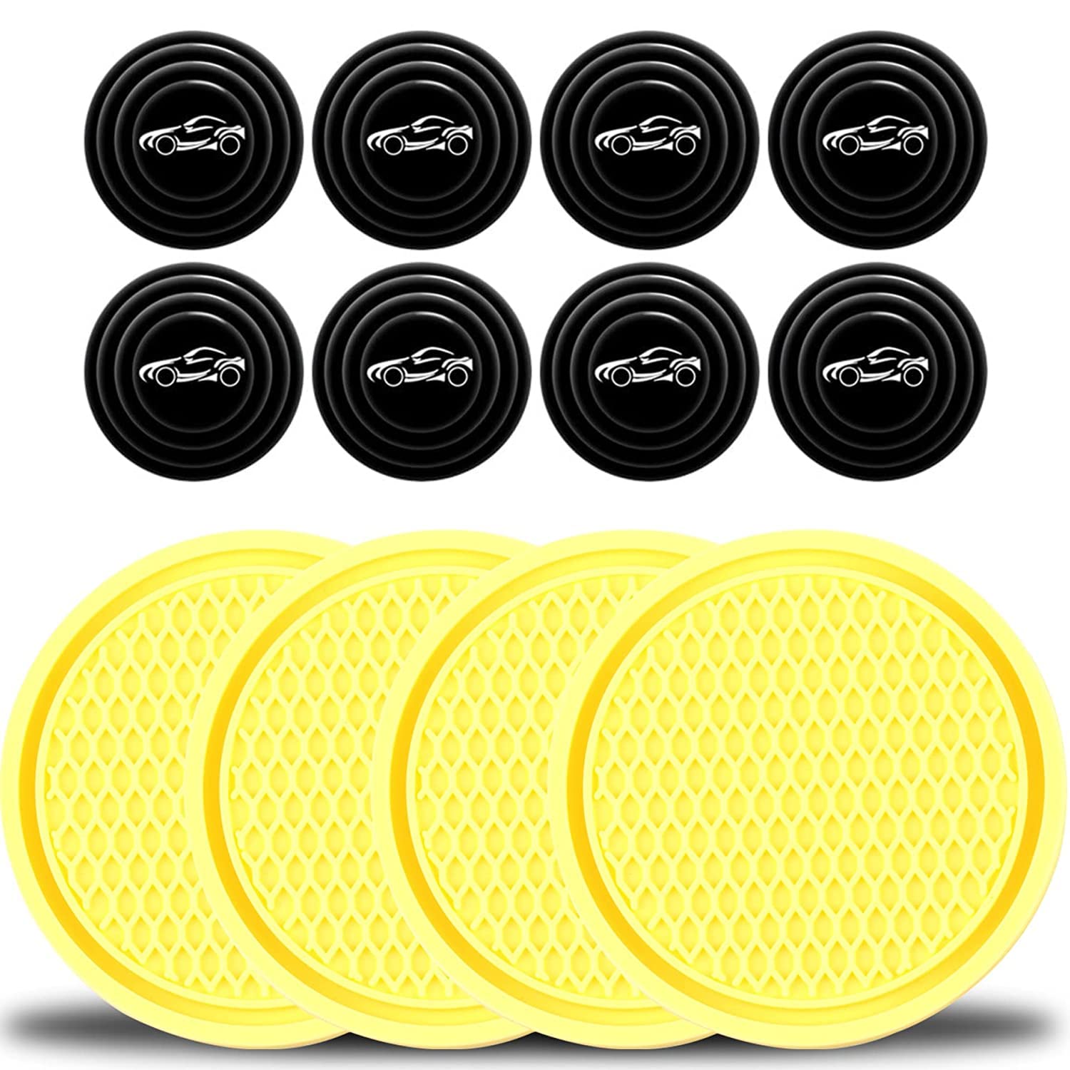 Chefair® (Yellow) 4PCS Universal Non-Slip Cup Holders Embedded Coaster and (Black) 8 Pcs Car Door Shock Absorber Car Door Protection,Buffer Bumper Cushion Compatible with Mauti Vrsa