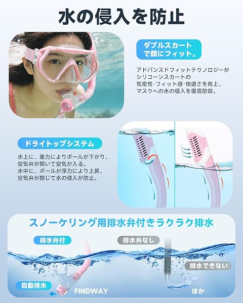 【シュノーケルセット】Findway マスク&スノーケルセット 子供 シュノーケル 子供 曇り止め&UVカット 強化ガラス シリコン製 超コスパ スーパークリア 耐衝撃 高密着性 装着簡単 4才~16才子供向け 2点セット - 5