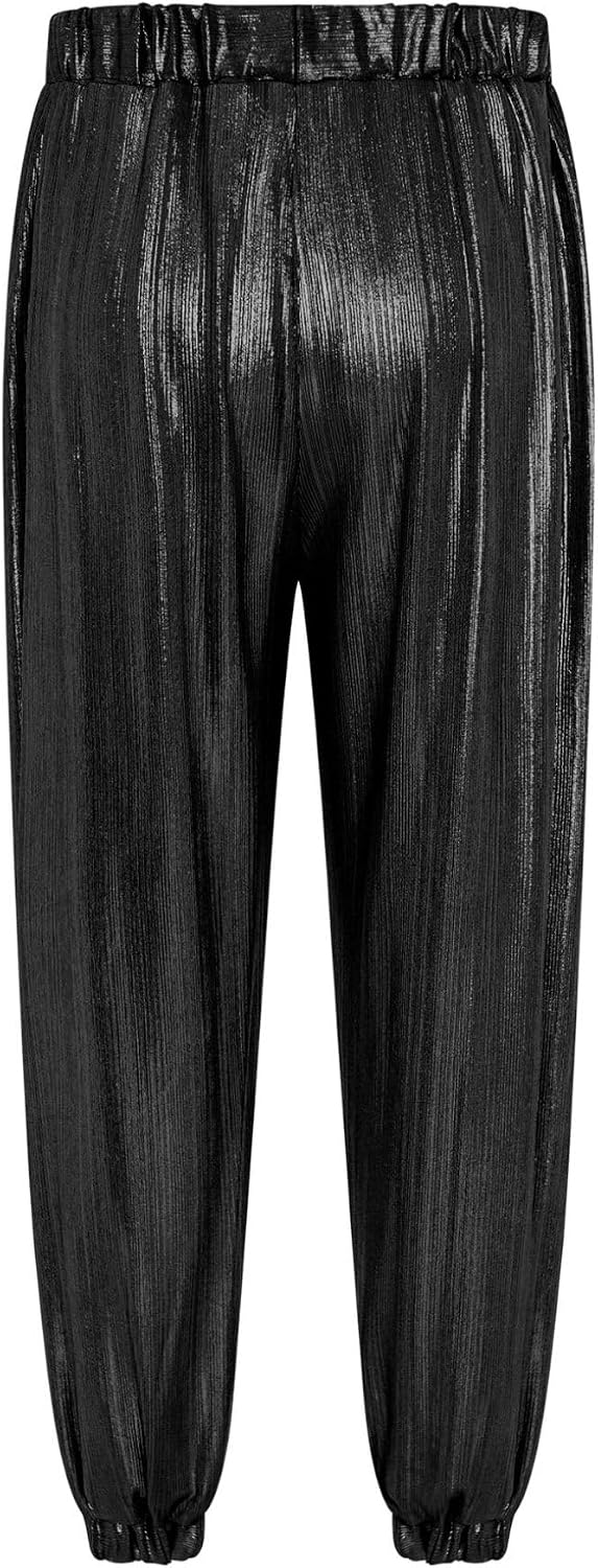 Oyolan Kids Jazz Performance Pants Shiny Metallic Ribbed Design Elastic Waist Dance Bottoms Toursers for Girls