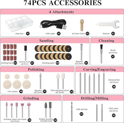 Miniatura 3 de HARDELL Herramienta rotativa inalámbrica de 4 V, kit de mini herramientas rotativas mejoradas de 18000 RPM con 74 accesorios, herramienta rotativa