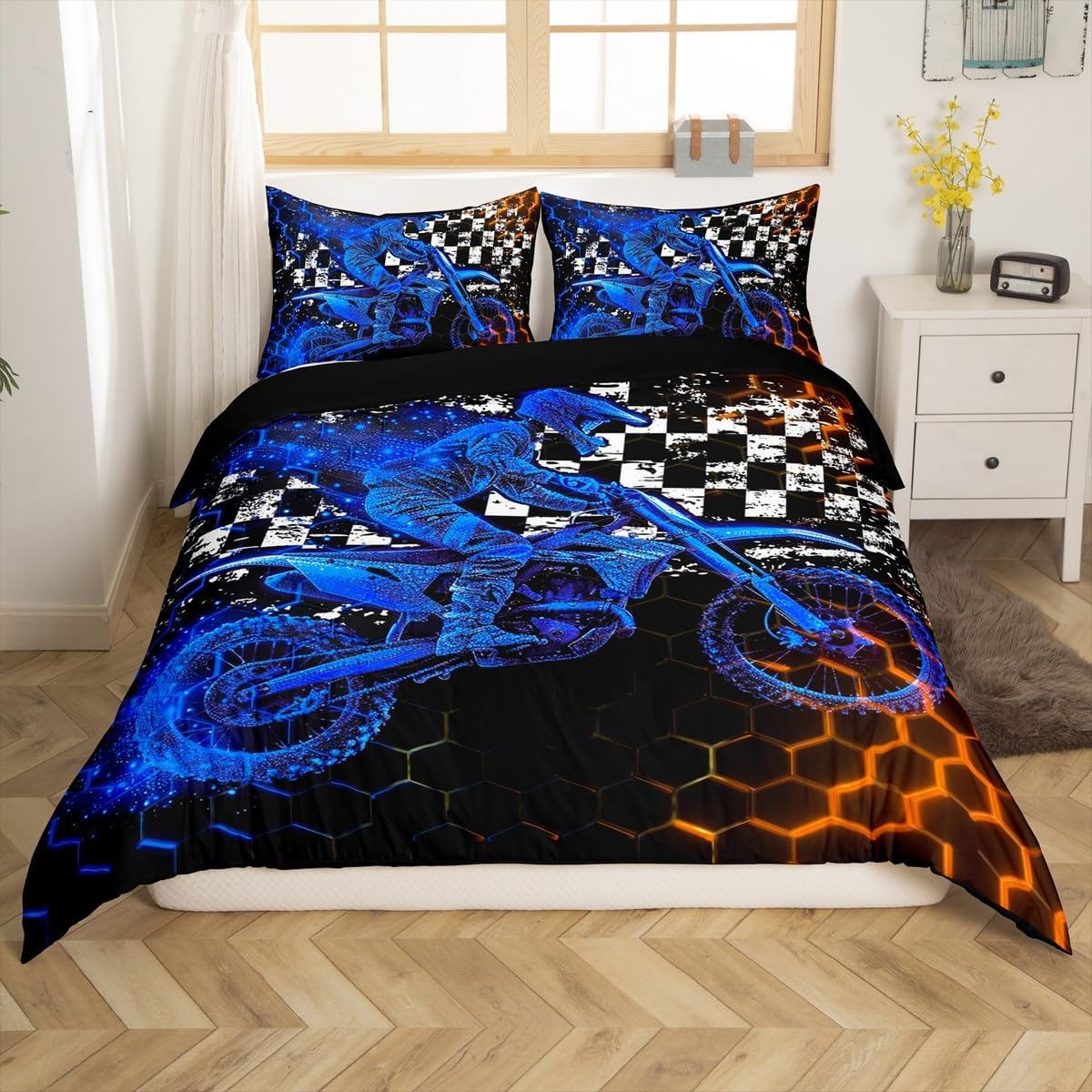 Feelyou Kids Dirt Bike Bedding Set Extreme Sports Duvet Cover Set for Kids Boys Girls Racing Motocross Comforter Cover Motorcycle Honeycomb Quilt Cover Bedroom Collection 3Pcs Queen,No Comforter