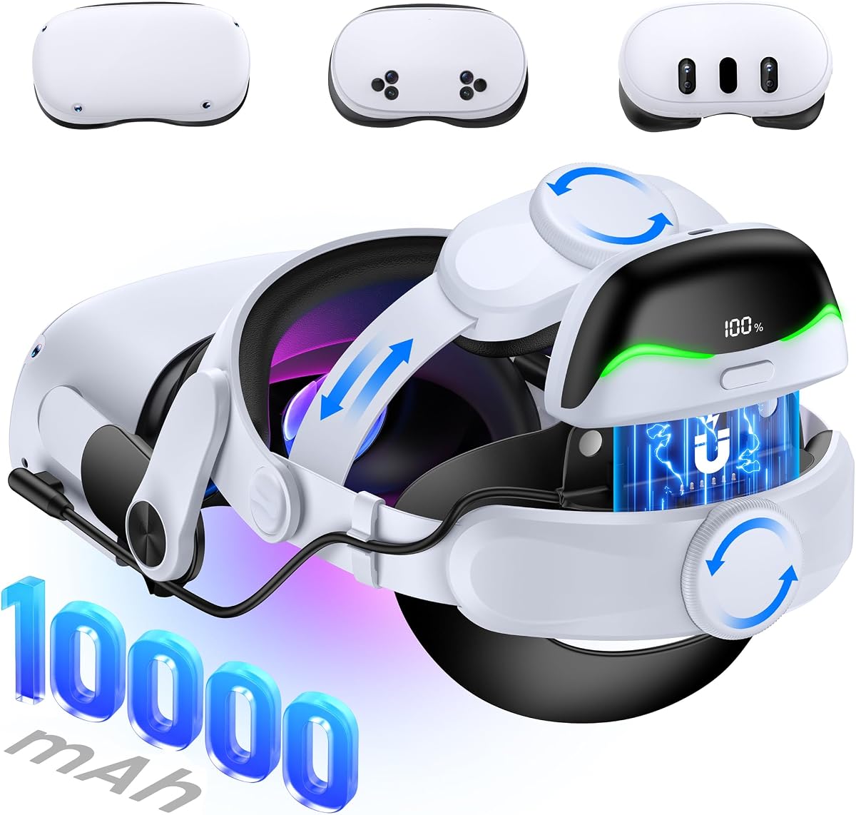Correa para la cabeza de batería para Meta Quest 3/Quest 3S/Quest 2, con batería magnética intercambiable en caliente y desmontable de 10000 mAh, extiende el tiempo de reproducción de 3 a 5 horas, cómoda correa para auriculares VR para Oculus - MQ4003