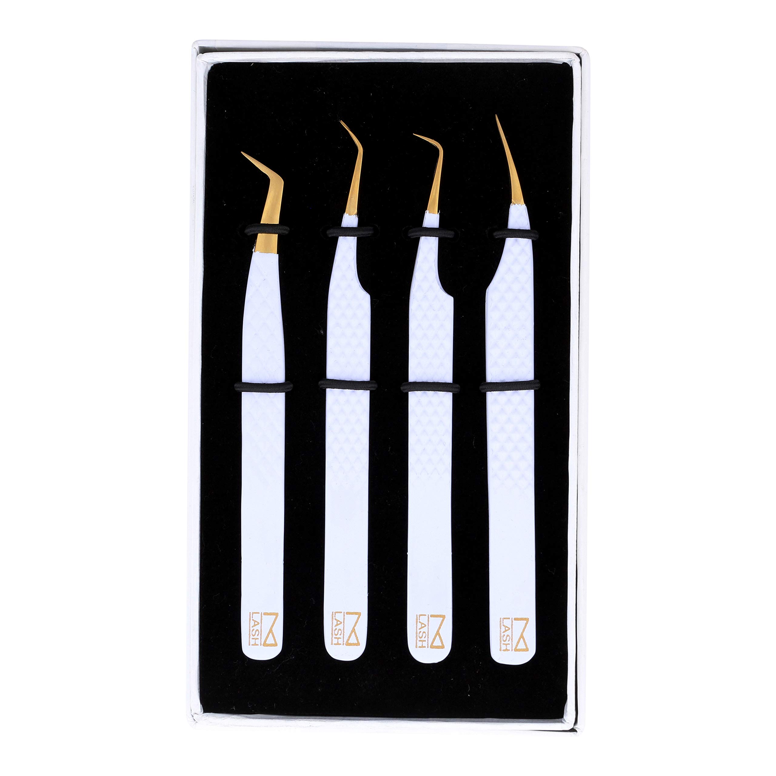 M LASH Kirpik Uzatma Cımbızları (4'lü Set) - Kirpik Uzantıları için Profesyonel ve Hassas Kirpik Cımbızları - Japon Çelik, Elmas Kavrama, Fiber Uç V3 (Beyaz)