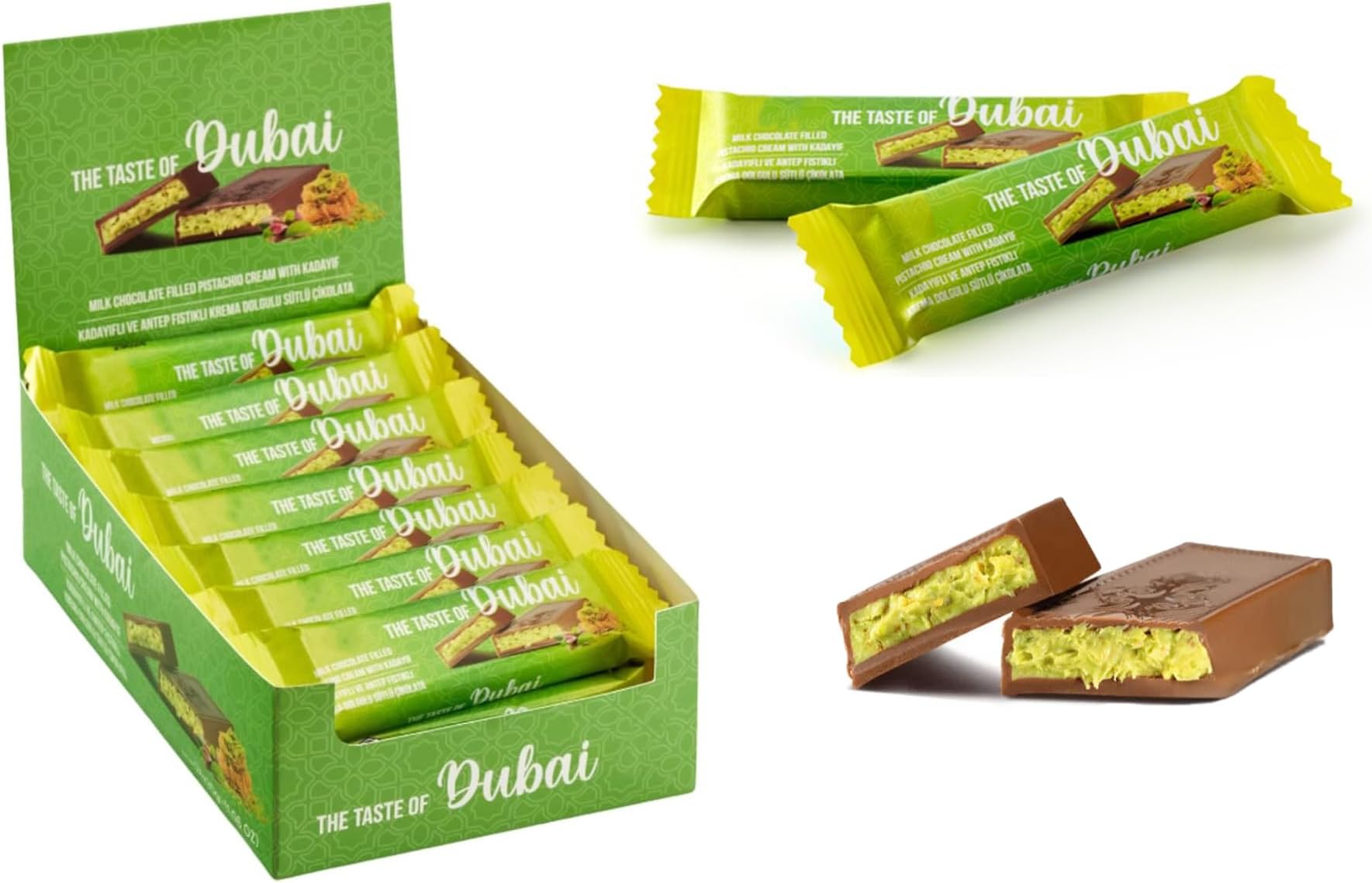 Mini Dubai Chocolate Bar Pistachio in Bulk | 24 Pack x 1.05 Oz | Milk Chocolate Bar Filled with Pistachio Cream and Kataifi, Total 25.2 oz (720g)