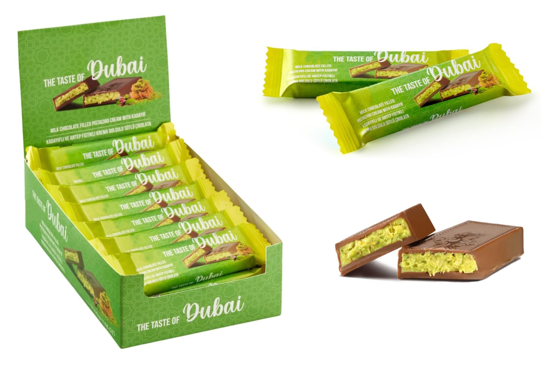 Mini Dubai Chocolate Bar Pistachio in Bulk | 24 Pack x 1.05 Oz | Milk Chocolate Bar Filled with Pistachio Cream and Kataifi, Total 25.2 oz (720g)