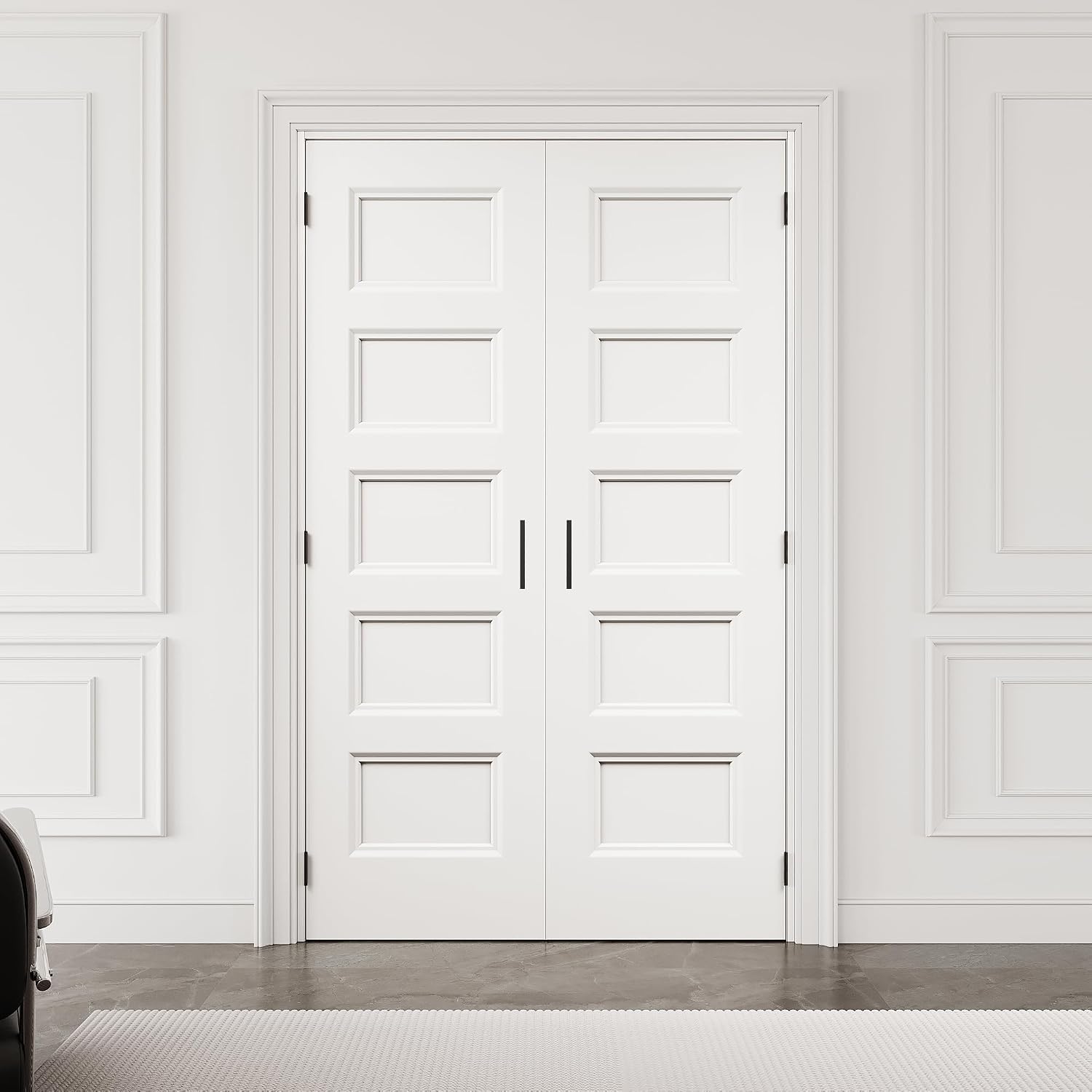 48" x 80" 5-Panel Hollow Core Interior French Door with Black Hardware and Ball Catch & Door Handle, White Finished & Durable, Laundry, Closet Doors, Room Doors
