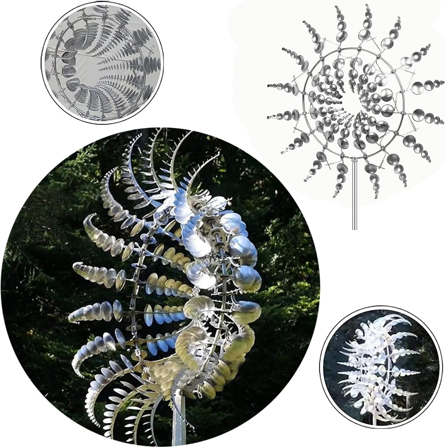 Magical Metal Windmill, Stainless Steel Windmill,Kinetic Metal Wind Spinners Garden Stake, 3D Wind Sculptures Move with The Wind Lawn Solar Wind Catcher Outdoor Patio Garden Decoration (SILVER-1PCS)