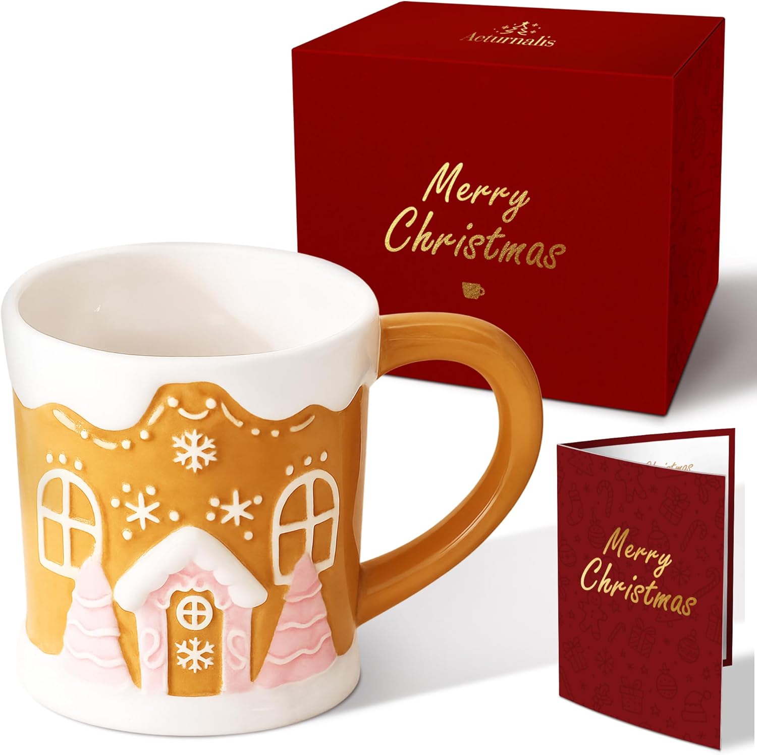Christmas Mugs - Holiday Card & Gift Box Included - Candy Cookie House Design - Funny & Cute Christmas Coffee Mug - Perfect for Mom Kids Dad Gifts 17 Oz