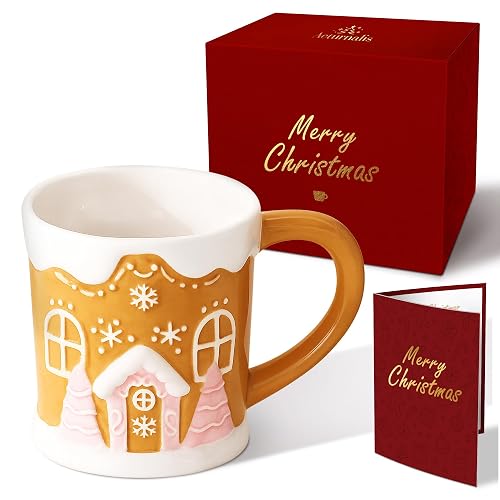 Aeturnalis Christmas Mugs - Holiday Card & Gift Box Included - Candy Cookie House Design - Funny & Cute Christmas Coffee Mug - Perfect for Mom Kids Dad Gifts 17 Oz