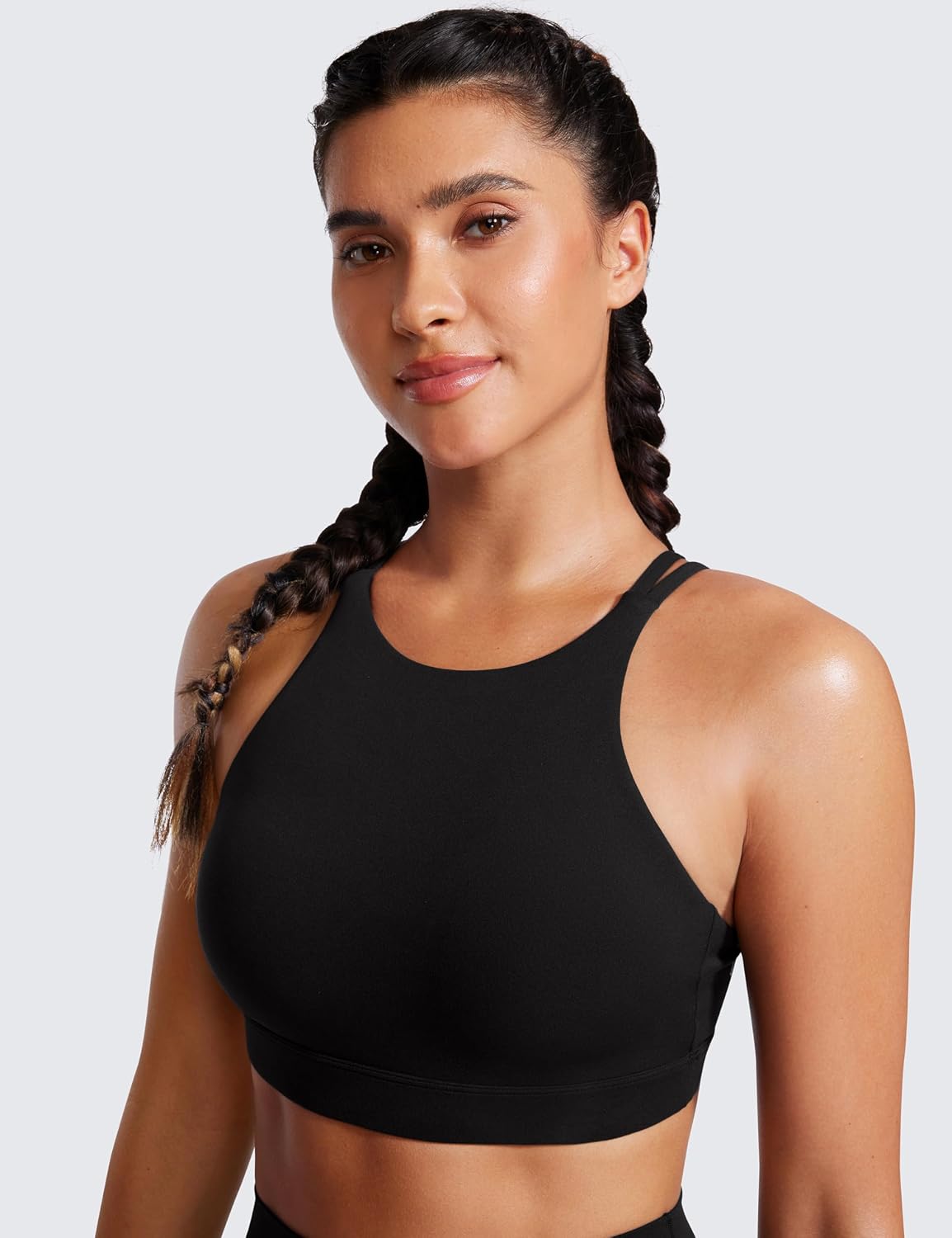 CRZ YOGA Womens Butterluxe High Neck Longline Sports Bras - Criss Cross Halter Wireless Padded Gym Workout Crop Top
