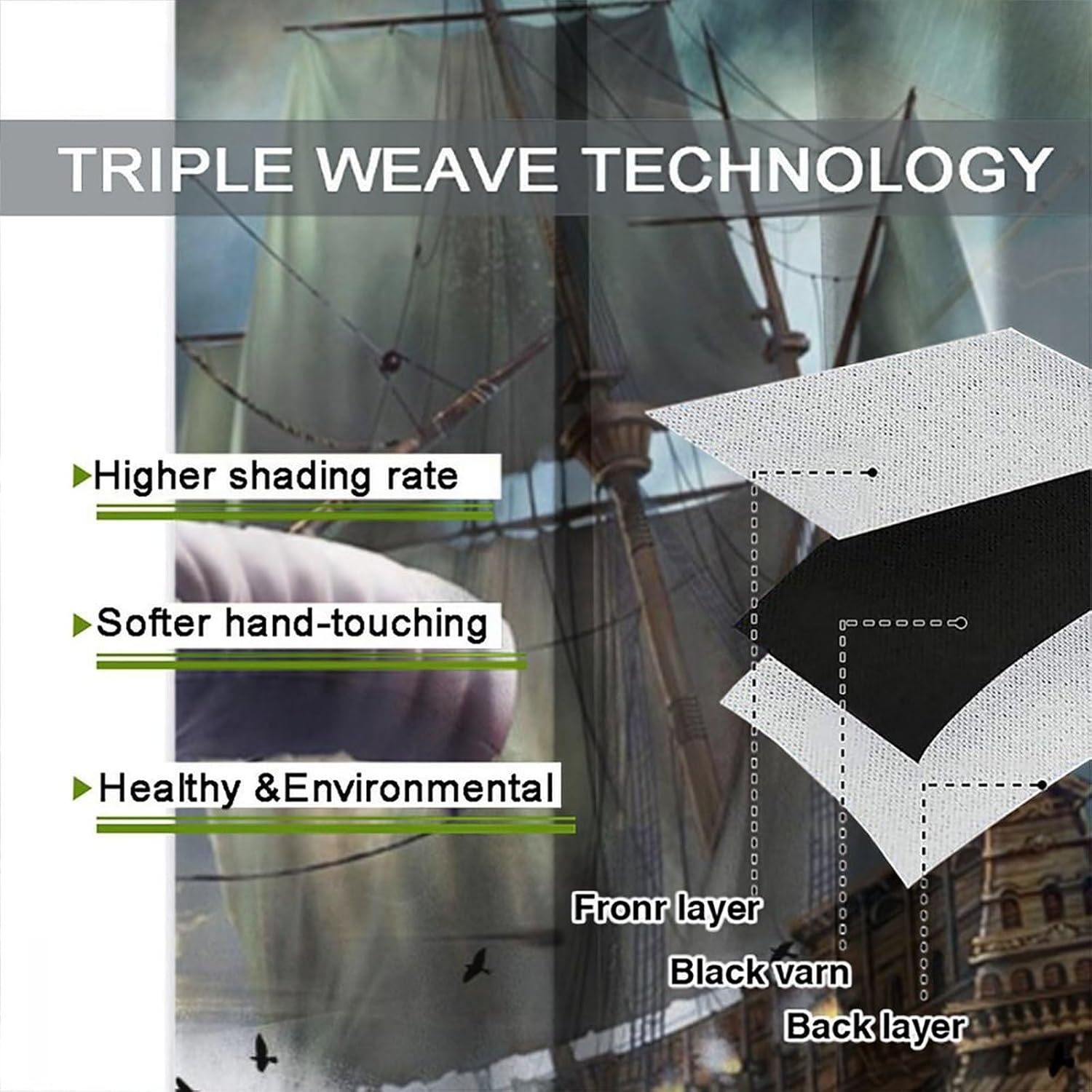 Brebasf Abstract Nautical Pirate Ship Blackout Curtains Vintage Mid Century Wooden Board Battleship Ocean Wave Window&Drapes Thermal Insulated Darkening Rod Pocket Curtains 2 Panels 63" L x 36" W