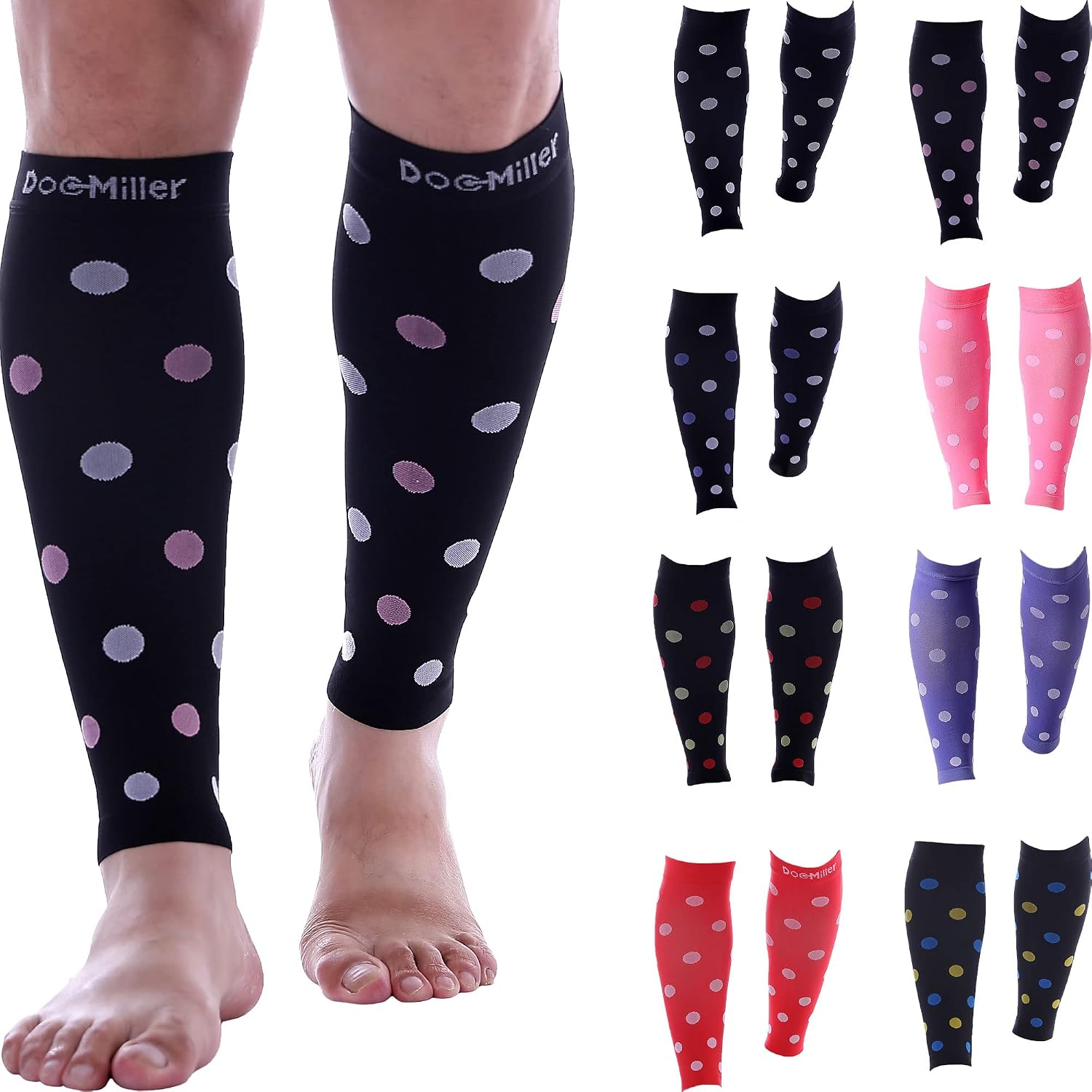Doc Miller Calf Compression Sleeve Men Women, 20-30mmHg Medical Grade Leg Compression Sleeve for Shin Splints, Varicose Vein & Calf Muscles Recovery, 1 Pair XX-Large Black Pink White Polka Dots