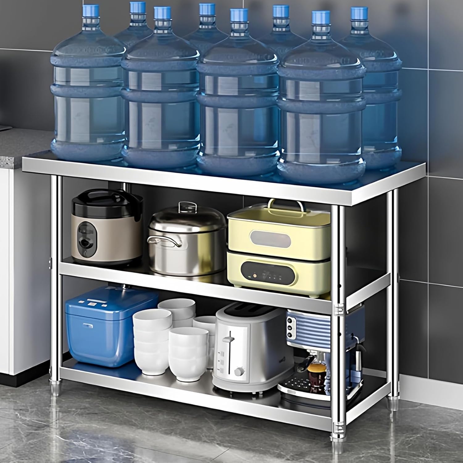 Commercial Kitchen Workbench Three-Tier Metal Prep Table with Cutting Board Worktable Adjustable Middle Shelf for Open Storage Racks Easy Installation(120x50x80cm/47.2x19.7x31.5”)