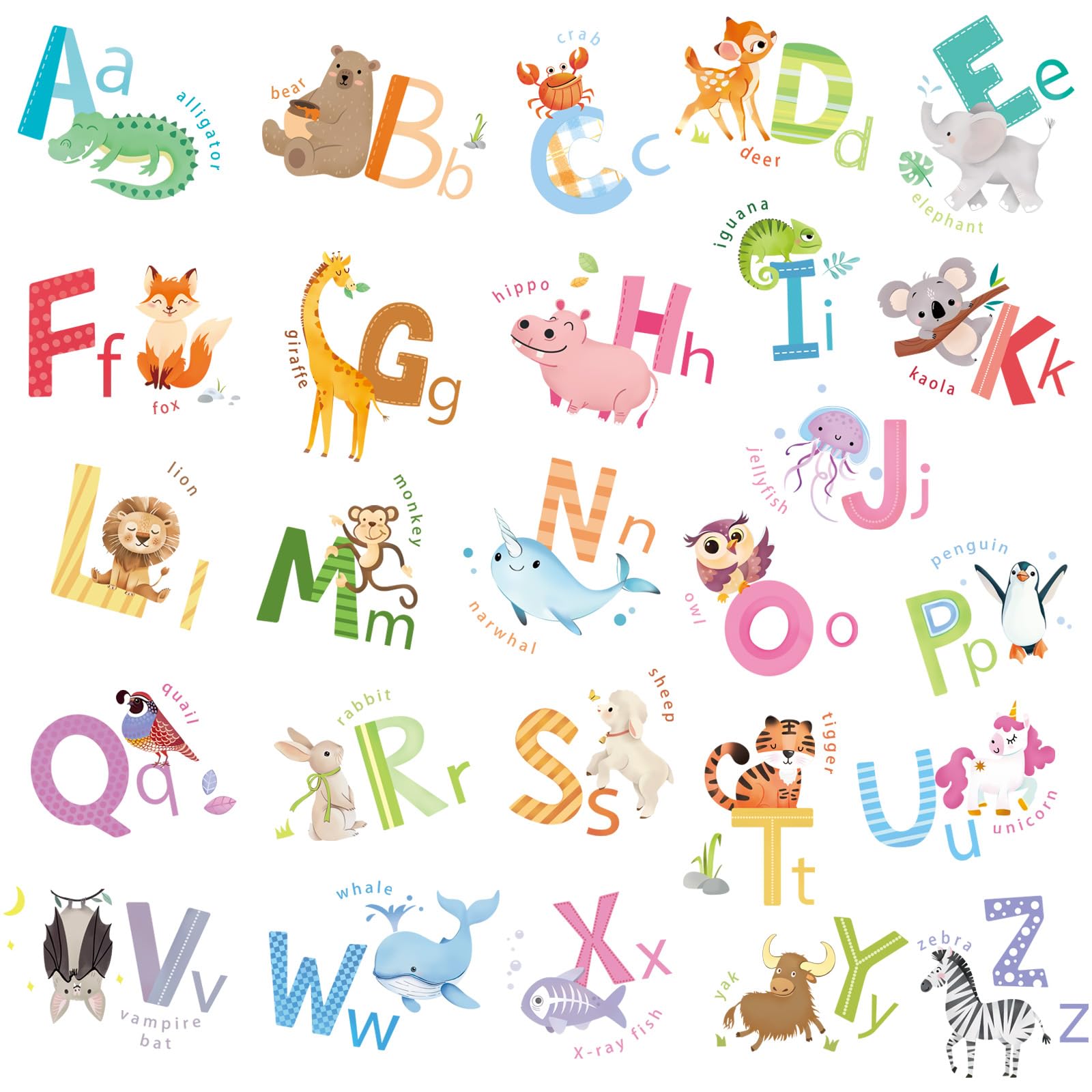 Lindas Calcomanías de Pared de Alfabeto de Dibujos Animados con Animales, Pegatina de Pared Educativa Extraíble para Niños Dormitorio Guardería Aula