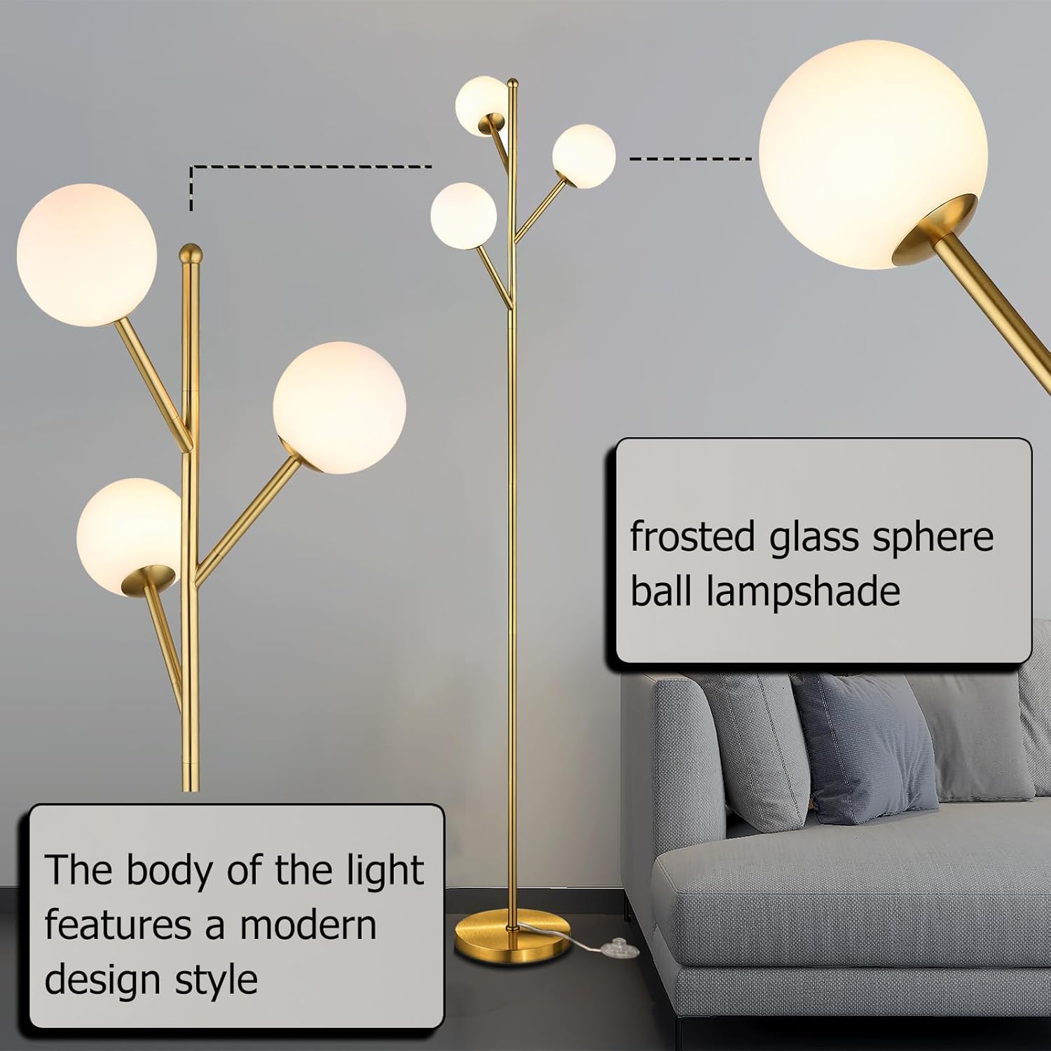 Globe Mid Century Tree Floor Lamp with 3 Light Bulbs,70in Tall Standing Glod Floor Lamp with Frosted Glass Shade for Living Room,Office,Bedroom, Study Room, Hotel, Antique Brass Lighting