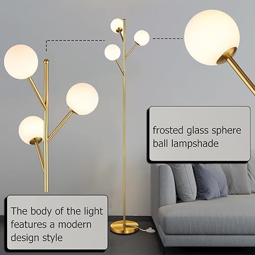 Miniatura 4 de Globe - Lámpara de pie de árbol de mediados de siglo con 3 bombillas, lámpara de pie de 70 pulgadas de alto con pantalla de vidrio esmerilado para