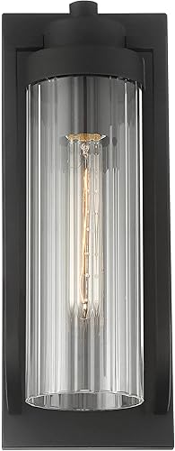 Miniatura 7 de Possini Euro Design Bogata - Moderna lámpara de pared para exteriores, acero negro texturizado, 15 1/2 pulgadas, cristal cilíndrico acanalado